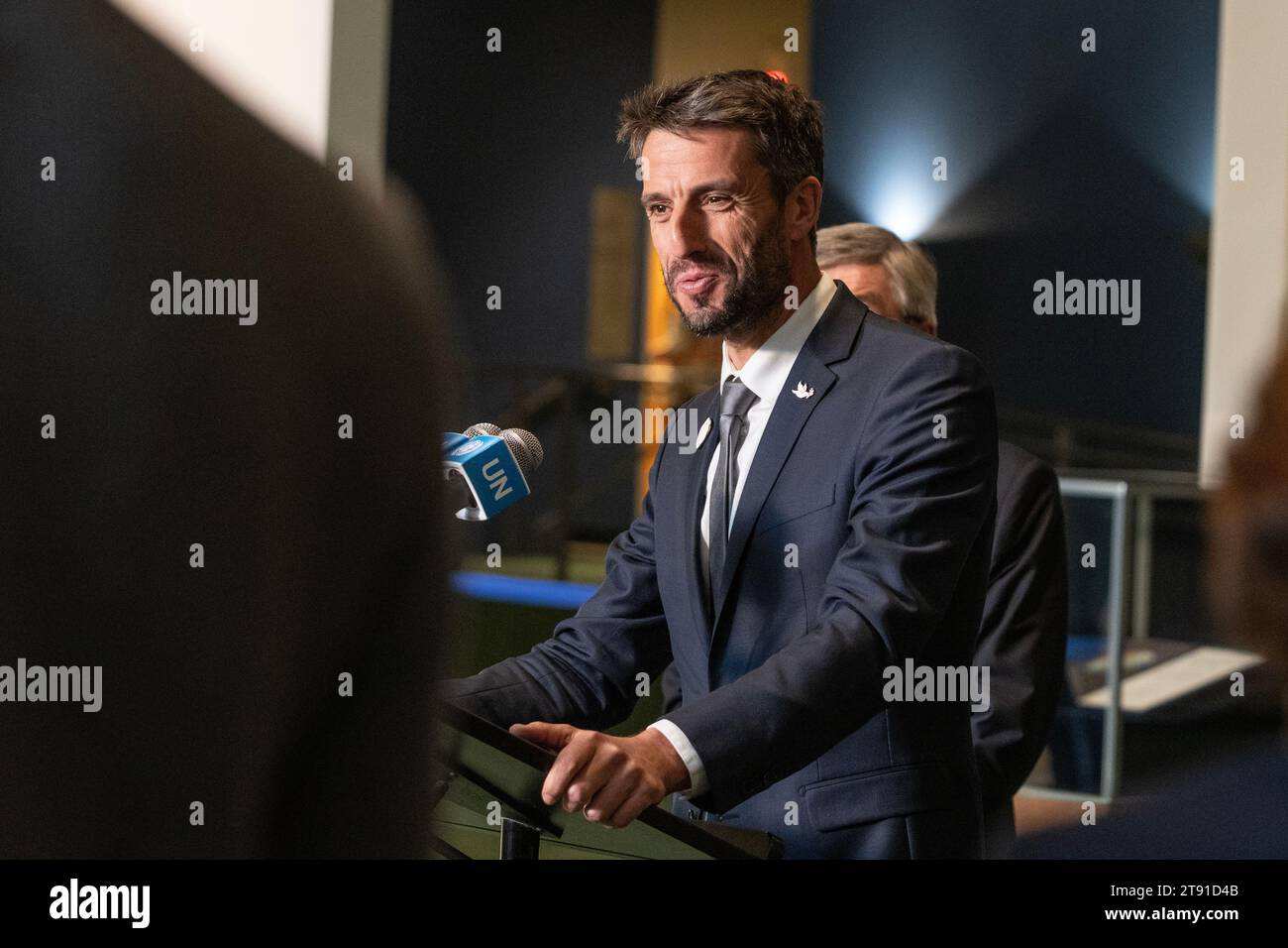 Tony Estanguet speaks as he and Thomas Bach held press briefing at UN ...