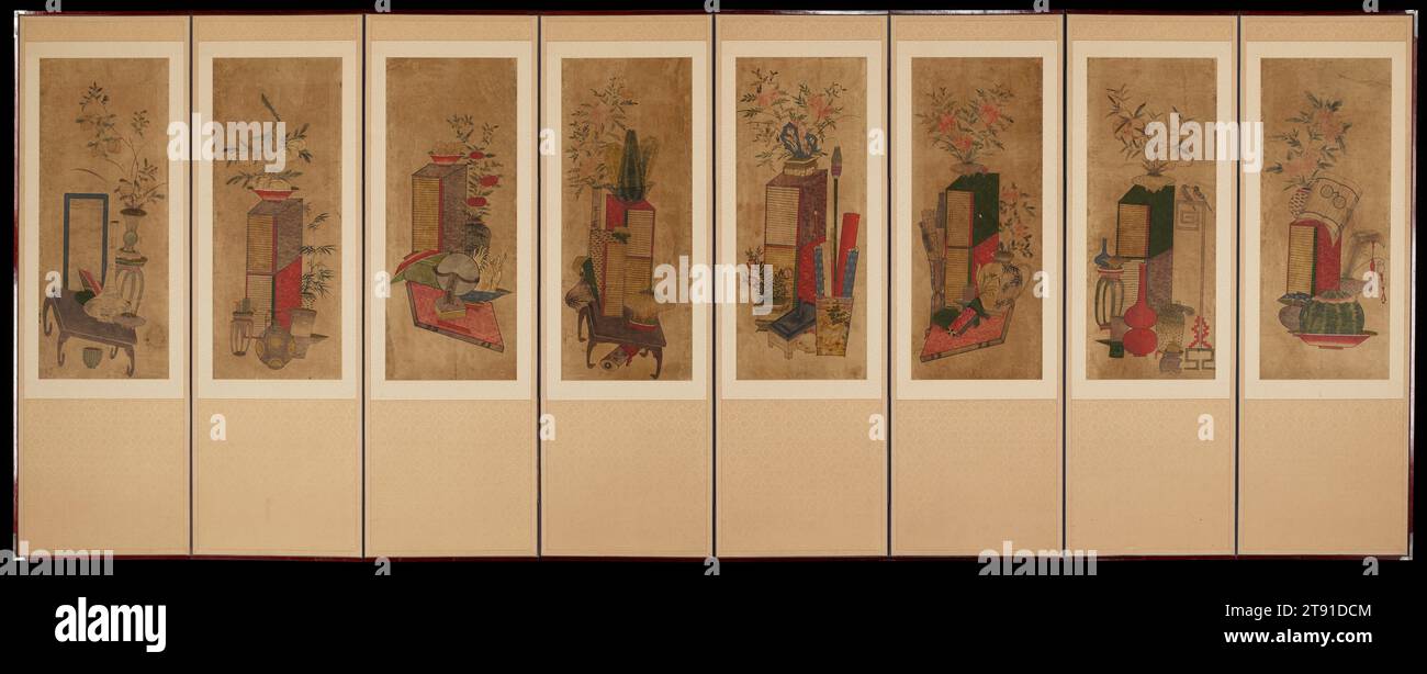 Books and Scholar’s Objects (Chaekgeori), 19th century, Unknown Korean, 68 1/4 x 172 x 5/8 in. (173.36 x 436.88 x 1.59 cm), Ink and color on paper, Korea, 19th century, During the Confucian dominated Choson dynasty, folding screens showing books and objects related to scholarly pursuits became popular among Korea's educated elite, as well as among those who aspired to that social class. As with this example, they typically featured stacks of bound books and the 'four treasures of the scholar's studio' (brush, paper, inkstone and inksticks). Artists also depicted rare objects Stock Photo