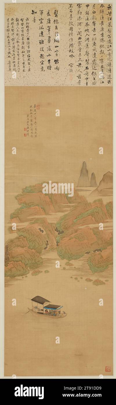 The Red Cliff, 1813, Qian Du, Chinese, 1763 - 1844, 35 3/4 x 10 3/8 in. (90.81 x 26.35 cm) (image), Ink and colors on silk, China, 19th century, Born into an important family in Hangchou, Qian Du was brought up on the literary classics. He was also able to study directly from ancient paintings and calligraphy in his father's study. This painting of a scholar in a boat drifting past a rocky outcropping illustrates one of the most famous Song dynasty poems: Su Shi's (1037-1101) 'Meditations on Red Cliff.' The artist has included the entire verse in this small scroll Stock Photo