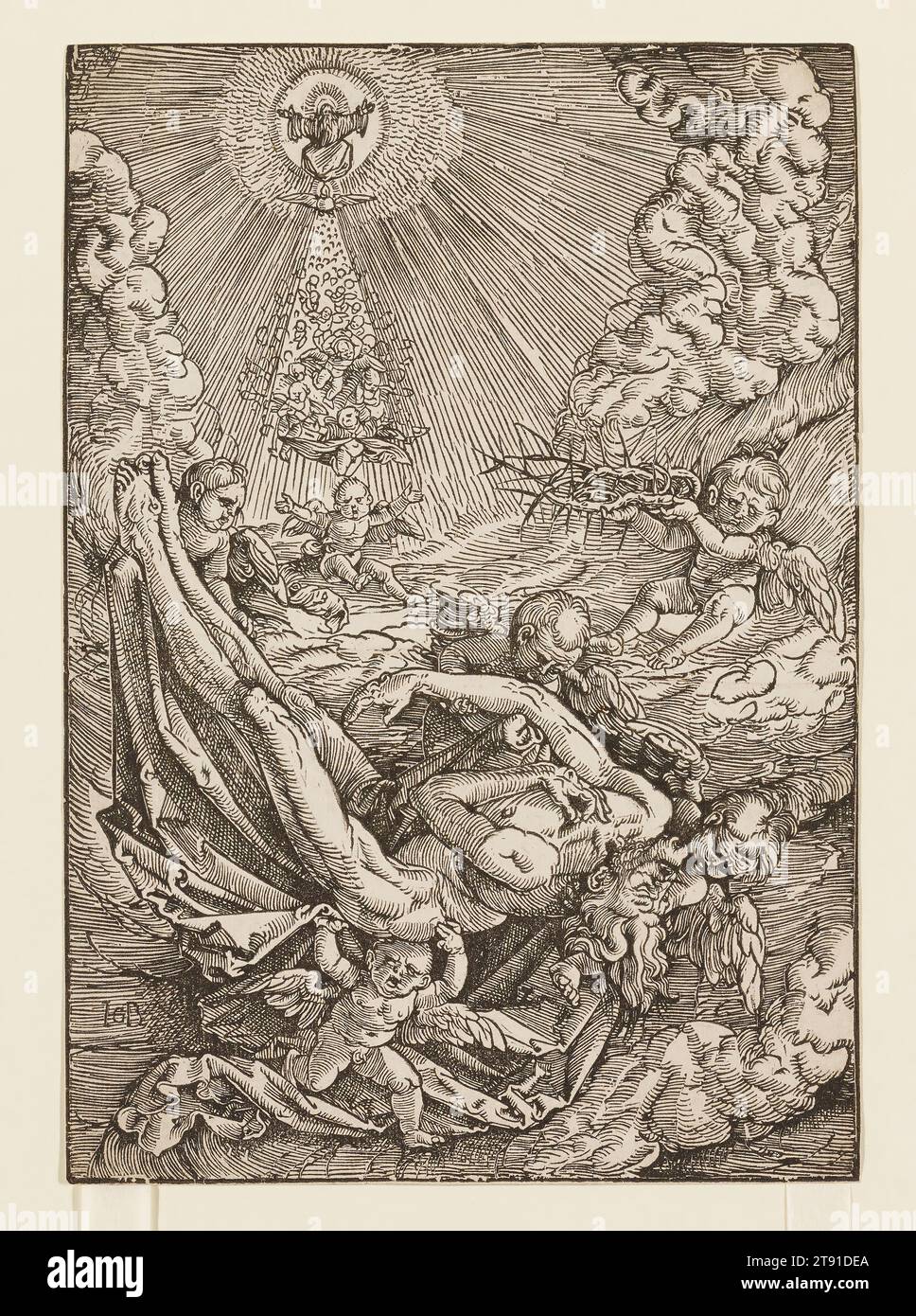 Christ Born to Heaven by Angels, 1516, Hans Baldung (Grien), German, 1484/85–1545, 8 3/4 x 6 1/16 in. (22.23 x 15.4 cm) (image)19 3/4 × 15 3/4 × 1 1/8 in. (50.17 × 40.01 × 2.86 cm) (outer frame), Woodcut, Germany, 16th century Stock Photo