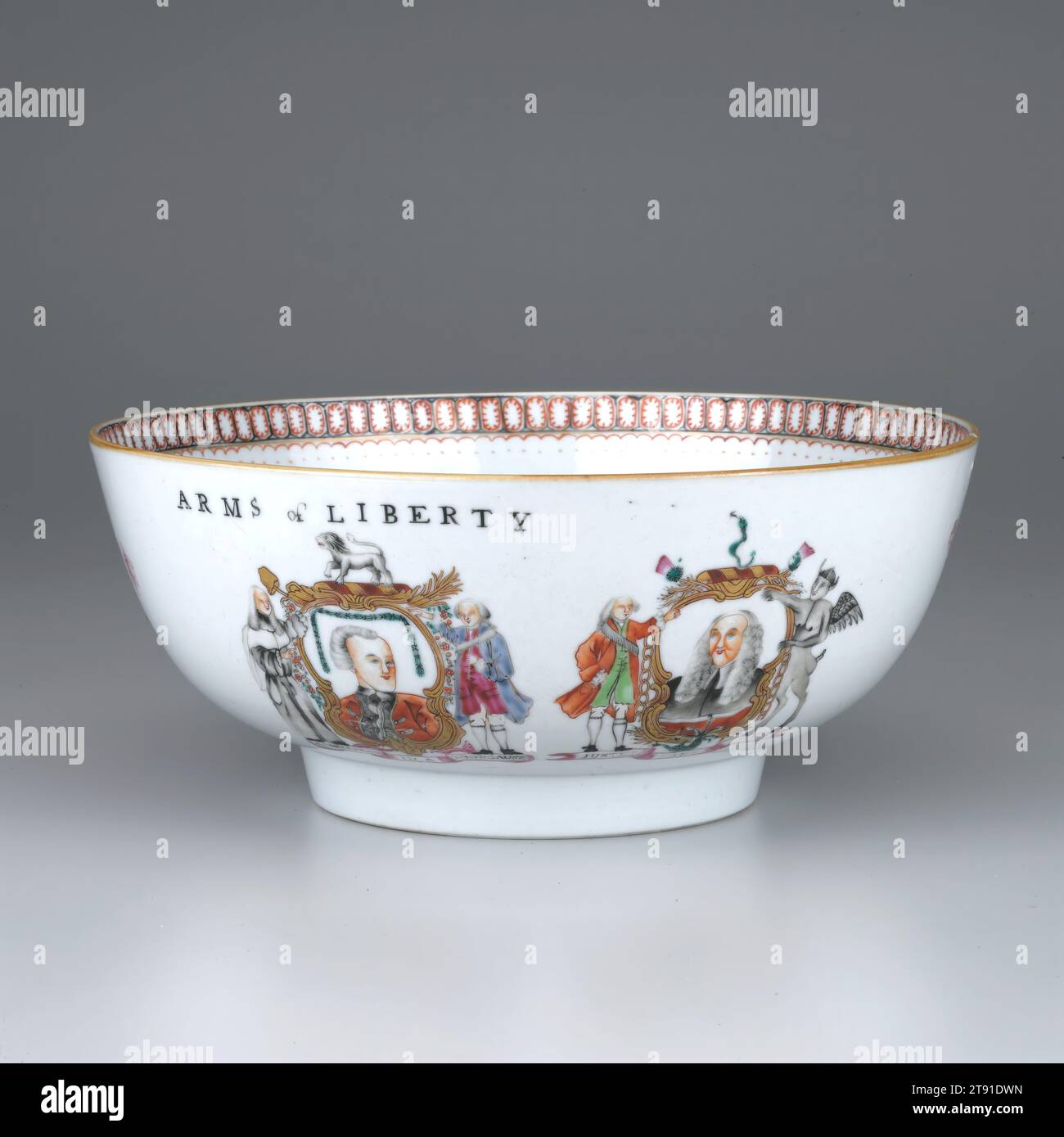 Arms of Liberty' punch bowl, c. 1770, 4 1/4 x 10 in. (10.8 x 25.4 cm), Porcelain, China, 18th century, This punch bowl's pseudo-armorial was satirically drawn to poke fun at English political figures of the late 1760s for their opposition to John Wilkes (1727-97). A proponent of civil liberties and American independence, Wilkes was elected several times to the House of Commons, but repeatedly expelled for attacking King George III and his loyalists Stock Photo