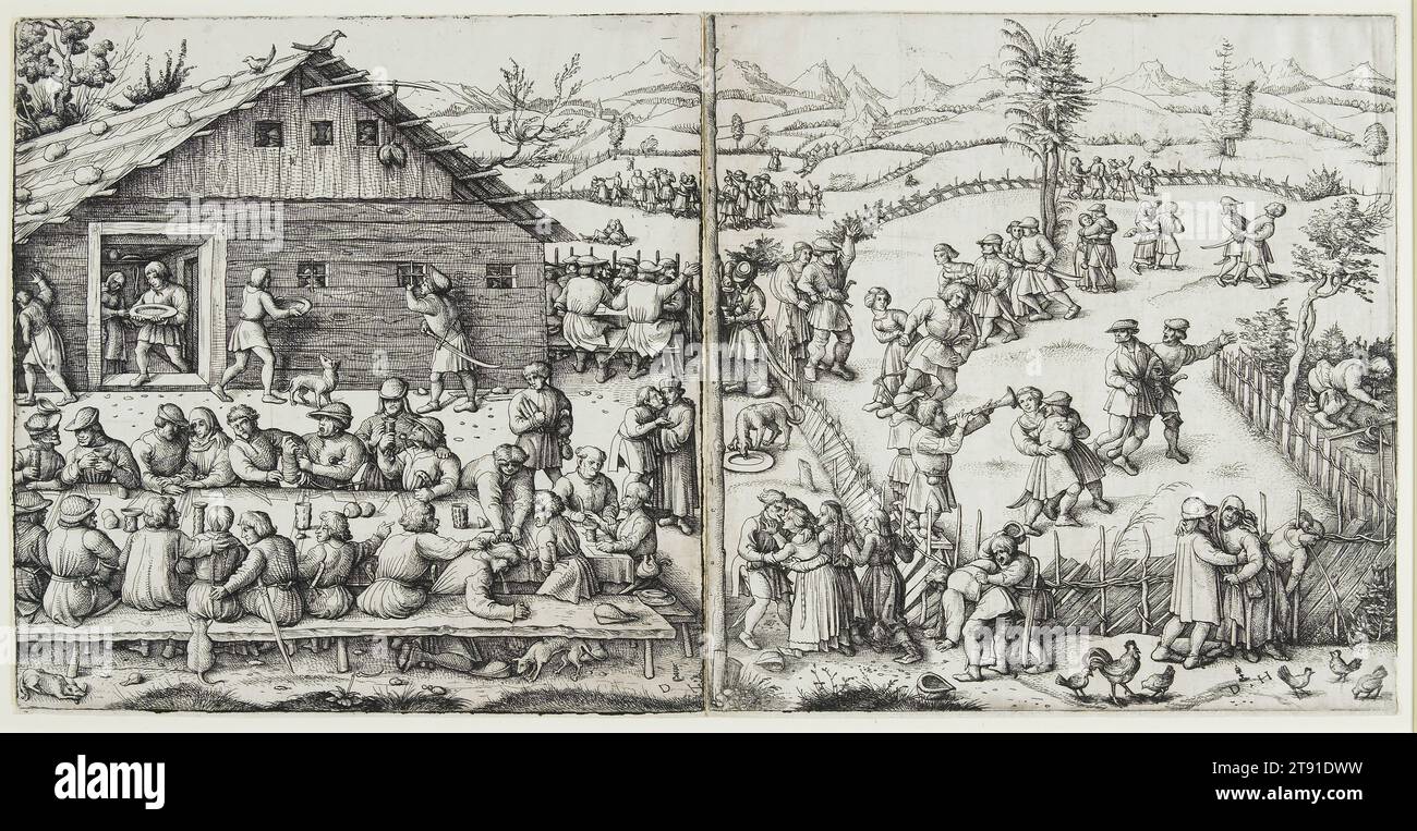 The Festival, after 1520, Daniel Hopfer, German, c. 1470-1536, 9 5/8 x 19 3/16 in. (24.45 x 48.74 cm) (plate) (overall), Etching on iron, two sheets, Germany, 16th century, Early printmakers never tired of depicting peasant shenanigans. In the sixteenth century peasants were seen by some as emblems of native German culture, while others, like Martin Luther, worried they would disrupt the social order. Across the two halves of The Festival, separated down the middle by a tree, peasants engage in the excesses that so fascinated the staid middle class Stock Photo