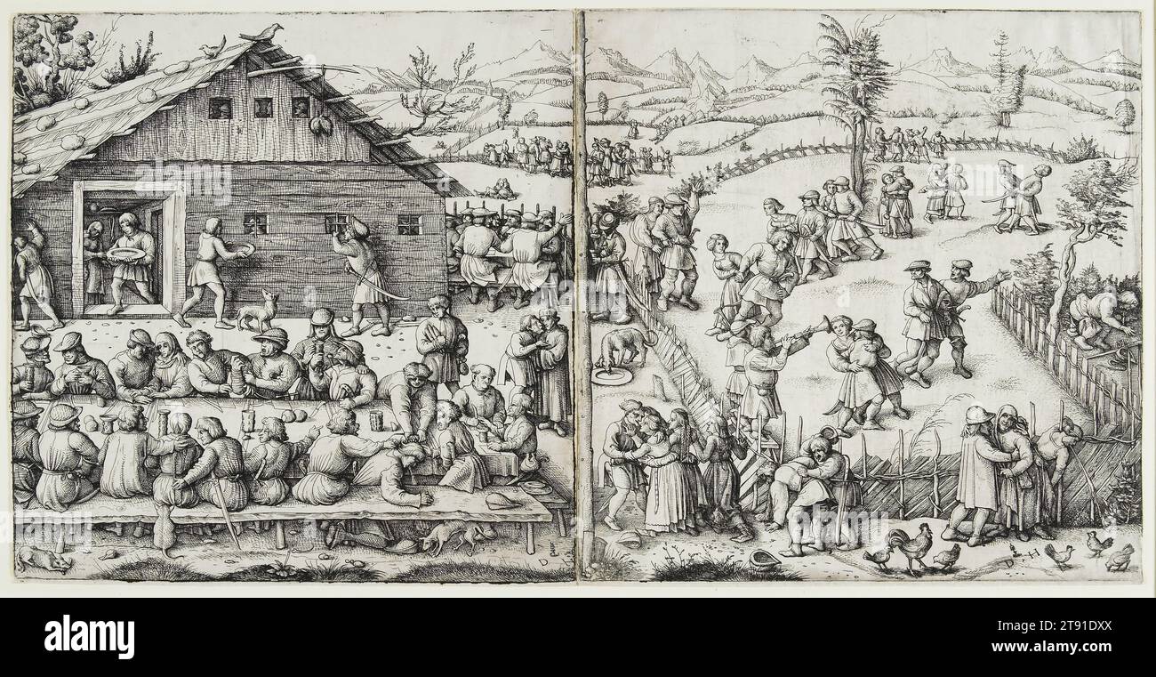 The Festival, after 1520, Daniel Hopfer, German, c. 1470-1536, 9 11/16 x 9 9/16 in. (24.61 x 24.29 cm) (plate), Etching on iron, Germany, 16th century, Early printmakers never tired of depicting peasant shenanigans. In the sixteenth century peasants were seen by some as emblems of native German culture, while others, like Martin Luther, worried they would disrupt the social order. Across the two halves of The Festival, separated down the middle by a tree, peasants engage in the excesses that so fascinated the staid middle class-imbibing, arguing, fondling, dancing, and vomiting. Stock Photo