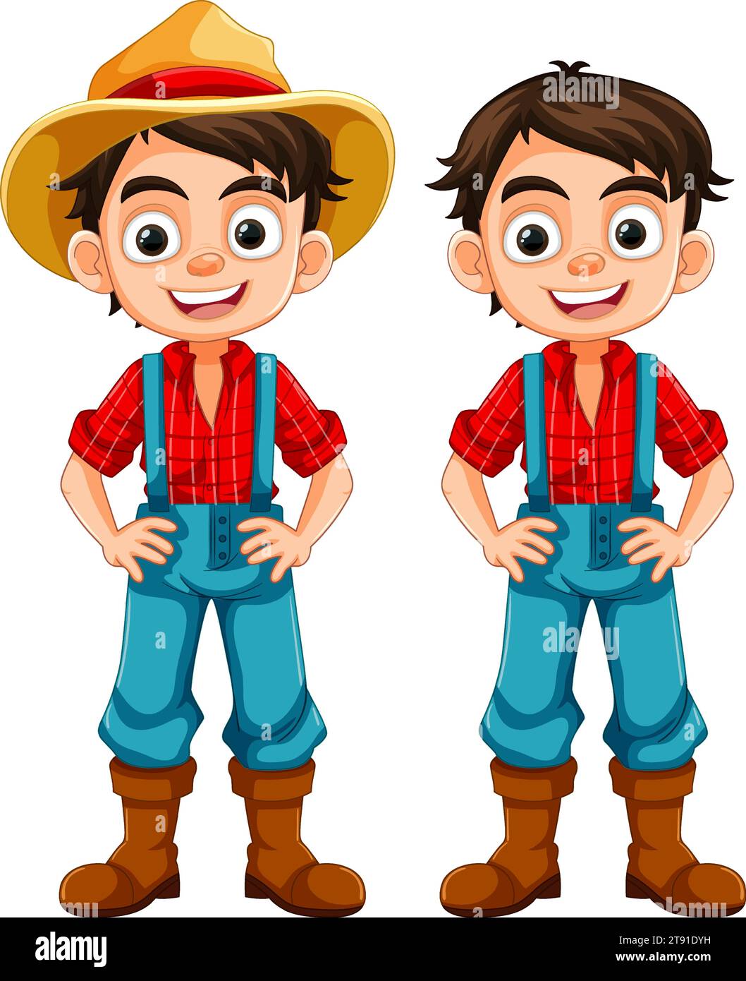 Happy boys wearing farmer overalls and smiling Stock Vector Image & Art