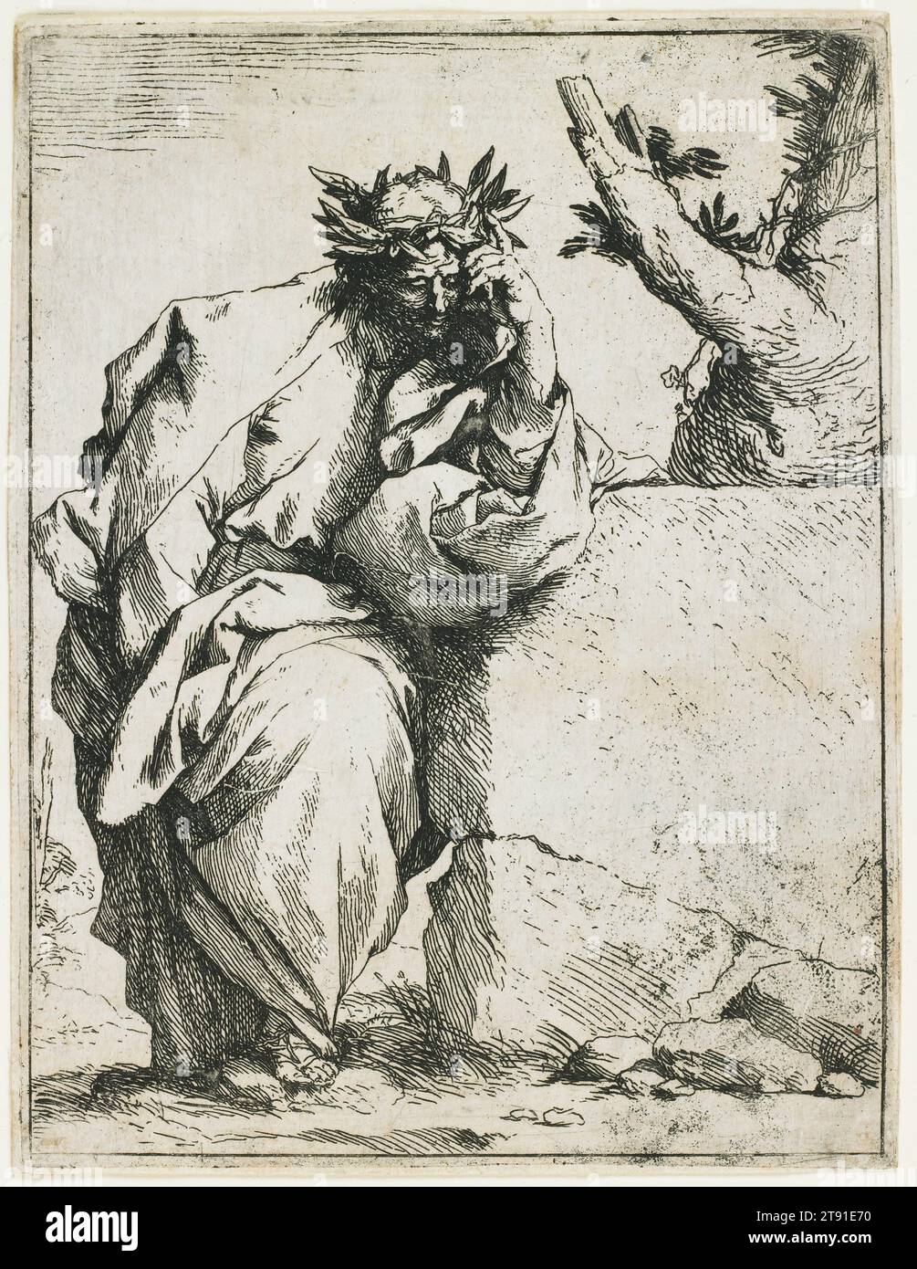 The Poet, c. 1620-1621, Jusepe (Giuseppe) de Ribera; Artist: Jusepe de Rivera, Italian, Spanish, c. 1590-1652, 6 3/16 x 4 1/2 in. (15.72 x 11.43 cm) (plate), Etching, Italy, 17th century, The leading figure of Neapolitan painting, Jusepe de Ribera also had an intense but short-lived fascination with etching. This poet-possibly Virgil or Dante-strikes the familiar pose of the brooding, melancholy figure: head on hand, shadowed face, pensive expression. Such individuals were believed capable of almost divine brilliance but at the same time were sadly bound by their earthly limitations Stock Photo