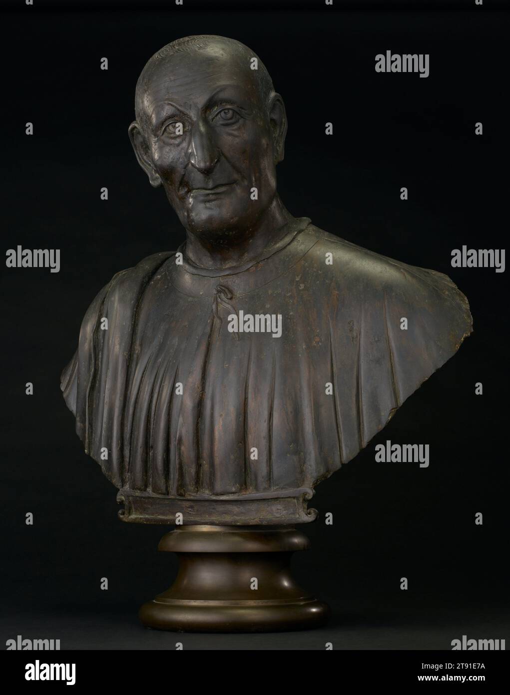 Portrait of Luca Salvioni, c. 1536, Agostino Zoppo, Italian (Padua), Italian (Padua), 1520–1572, 28 3/4 x 23 in. (73.03 x 58.42 cm), Bronze, Italy, 16th century, Deep wrinkles, gaunt cheeks, strong jaw—the scholar and law professor Luca Salvioni is portrayed with precision and no embellishment. There is no attempt to conform to an ideal or a standard of beauty. Renaissance sculptors often played up the singularity of a person’s face as a way of emphasizing the importance of the individual. Stock Photo