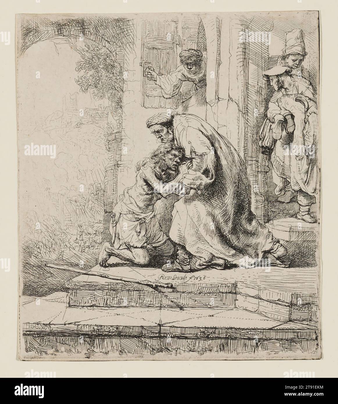 The Return of the Prodigal Son, 1636, Rembrandt Harmensz. van Rijn, Dutch, 1606–1669, 6 1/8 x 5 3/8 in. (15.6 x 13.6 cm) (plate), Etching, The Netherlands, 17th century, Protestant Europe loved the parable of the Prodigal Son because it so perfectly crystallized the Reformation doctrine that salvation comes to those who have faith. In the parable, a ragged son returns home after spending his inheritance on debauchery and sin. Amazingly, he is forgiven, simply because he believes in his father's mercy and love. Rembrandt's print shows servants bringing the repentant son new clothes Stock Photo