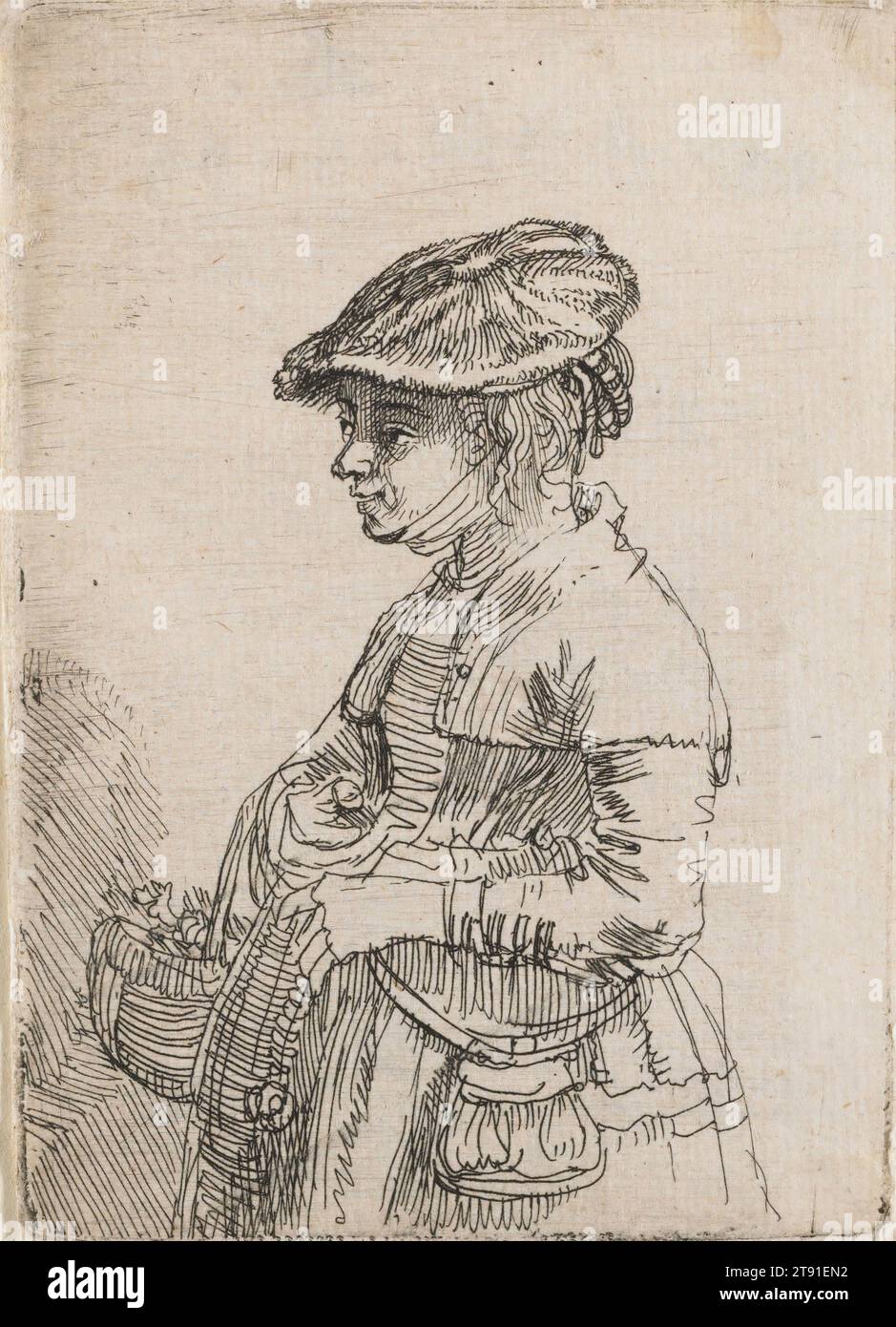 Girl with a Basket, c. 1642, Rembrandt Harmensz. van Rijn, Dutch, 1606–1669, 3 7/16 x 2 1/2 in. (8.8 x 6.3 cm) (plate), Etching, The Netherlands, 17th century, Rembrandt captured a delightful moment of observation and delivered it with all the freshness of the girl's market purchases. The rapid, yet perfectly calibrated zigzag down the bodice exemplifies his exquisite freedom of hand Stock Photo