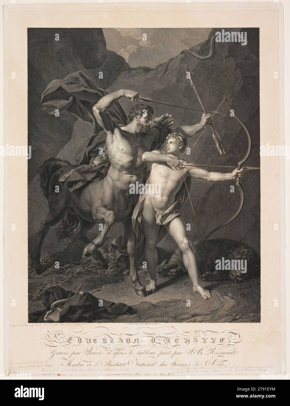 The Education of Achilles by the Centaur Chiron, 18th century, Charles-Clément Bervic; Artist: after Jean Baptiste Regnault, French, 1756 - 1822, 18 x 14 3/16 in. (45.72 x 36.04 cm) (image)22 3/4 x 17 1/4 in. (57.79 x 43.82 cm) (sheet), Engraving, France, 18th century Stock Photo