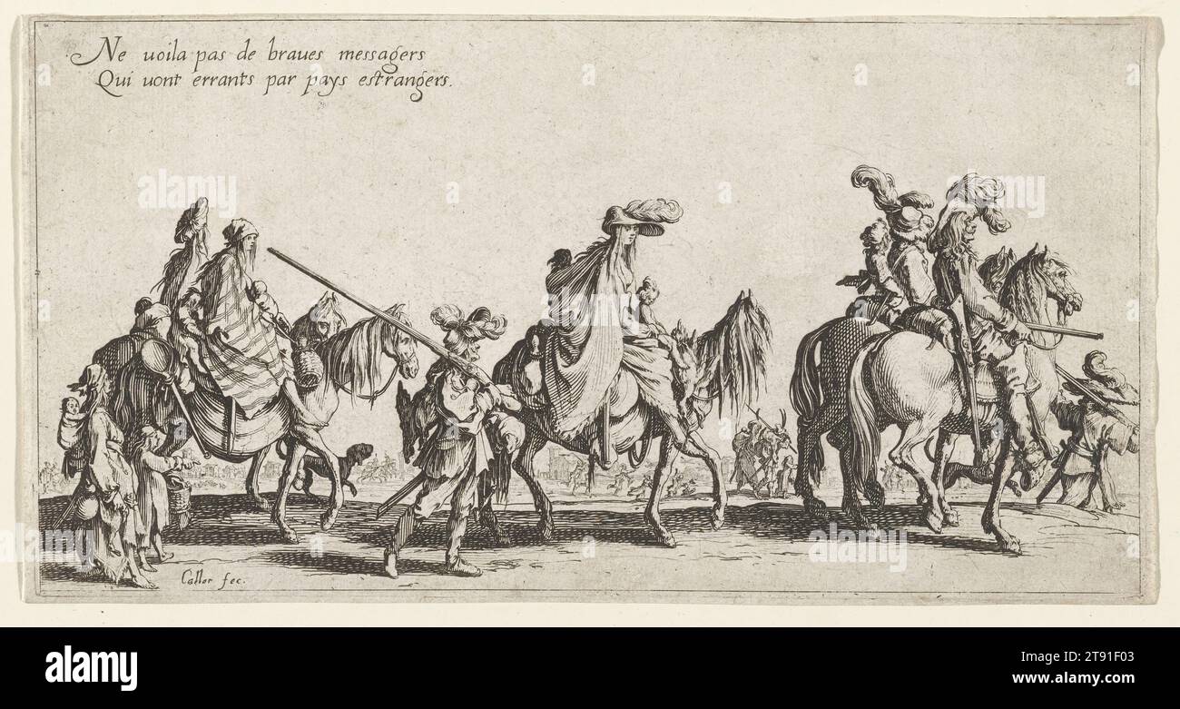 L' avant-garde, 17th century, Jacques Callot, French, 1592–1635, 4 3/4 x 9 3/16 in. (12.07 x 23.34 cm) (plate)4 15/16 x 9 1/2 in. (12.54 x 24.13 cm) (sheet), Etching, France, 17th century Stock Photo