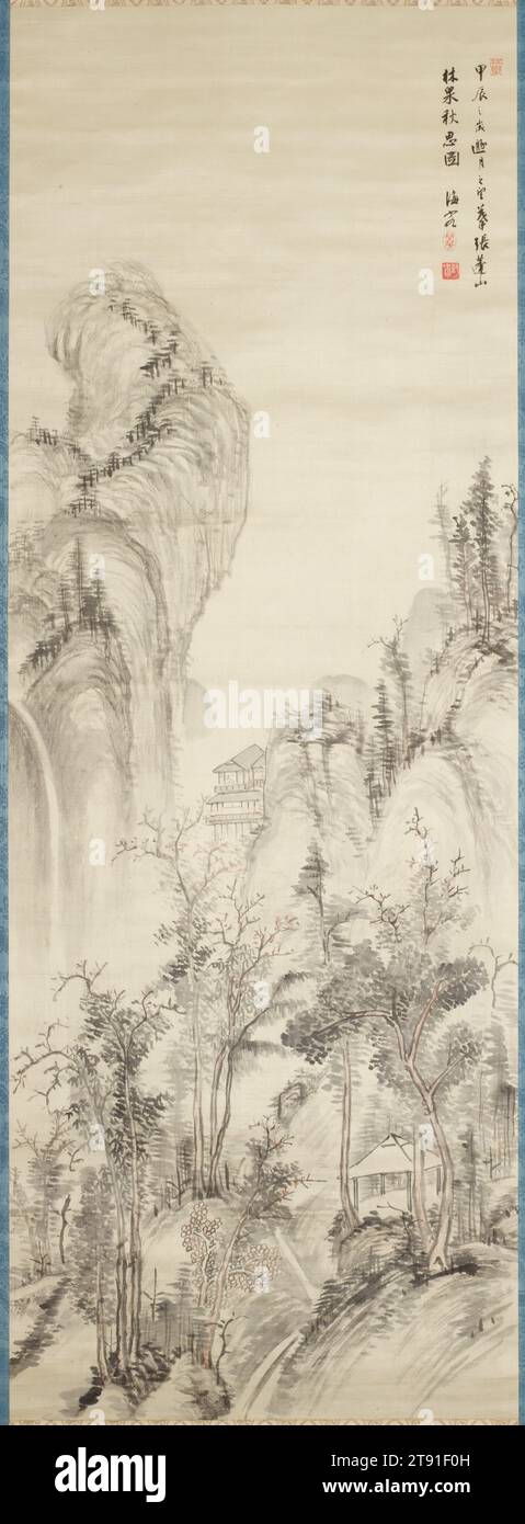 Autumn Thoughts on a Garden Landscape, 1844, Nukina Kaioku, Japanese, 1778 - 1863, 55 3/4 x 20 in. (141.61 x 50.8 cm) (image), Ink and light color on satin, Japan, 19th century, As the son of a samurai, Kaioku received a proper Confucian education, but his physical frailty prevented him from becoming a warrior. His aptitude for Chinese studies was so great that he became a central figure in a circle of sinophile literary and artistic scholars in Kyoto during the second quarter of the nineteenth century. Ultimately, Kaioku is more famous for his calligraphy Stock Photo