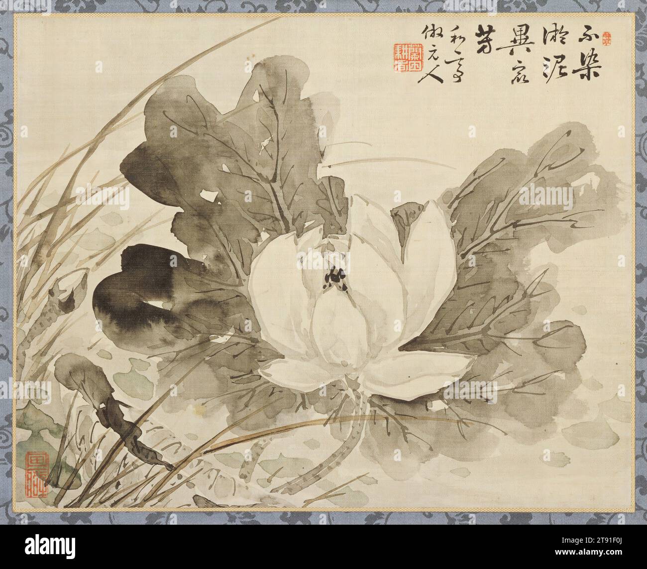 Lotus in Bloom, 19th century, Taki Katei, Japanese, 1830 - 1901, 10 1/16 x 12 7/16 in. (25.56 x 31.59 cm) (image), Ink on satin, Japan, 19th century, Taki Katei specialized in Chinese literati style painting which he learned from Japanese masters Araki Kankai and O oka Umpo  but, also from Chinese scholar painters living in Nagasaki. The small scale of this painting, its seasonal and symbolic theme make it appropriate for use in the tea ceremony. The lotus has long been a Buddhist emblem, representing the perfection and 'flowering' of the Buddha's teachings. Stock Photo
