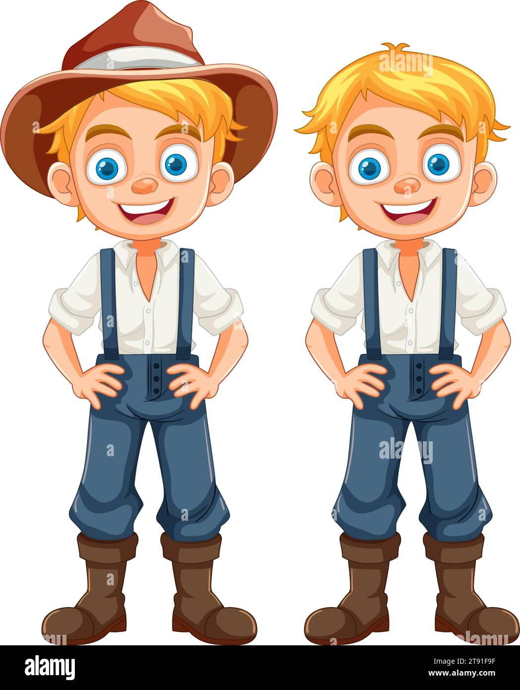 Happy boys wearing farmer overalls and smiling with or without hats ...