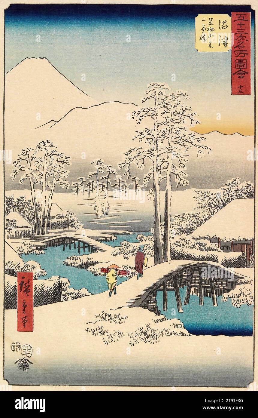 13, Numazu: Fuji in Clear Weather after Snow, from the Ashigara Mountains, 1855, 7th month, Utagawa Hiroshige; Publisher: Tsutaya Kichizō, Japanese, 1797 - 1858, 13 1/2 × 8 7/8 in. (34.3 × 22.5 cm) (image, vertical ōban), Woodblock print (nishiki-e); ink and color on paper, Japan, 19th century Stock Photo