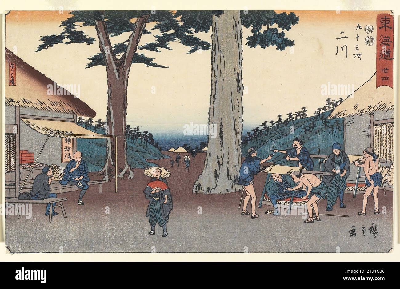 No.34 Futakawa, 1837-1844, Utagawa Hiroshige; Publisher: Maruya Seijirō, Japanese, 1797 - 1858, 8 1/2 x 13 7/16 in. (21.6 x 34.2 cm) (image)8 1/2 x 13 7/16 in. (21.6 x 34.2 cm) (sheet), Woodblock print (nishiki-e); ink and color on paper, Japan, 19th century Stock Photo