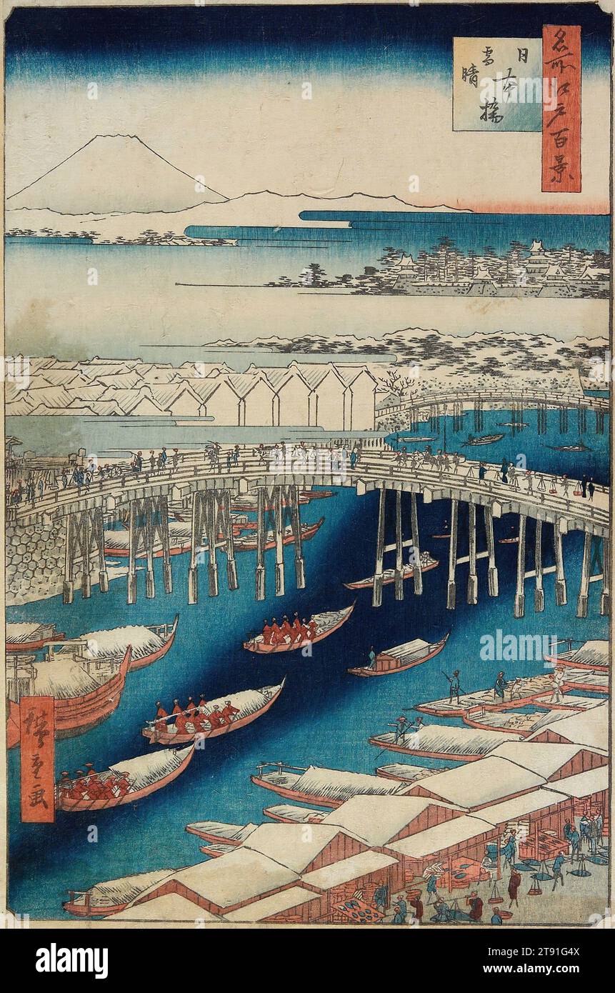 Nihonbashi, Clearing After Snow, 1856, 5th month, Utagawa Hiroshige; Publisher: Sakanaya Eikichi, Japanese, 1797 - 1858, 13 3/16 x 8 3/4 in. (33.5 x 22.2 cm) (image)14 × 9 1/2 in. (35.6 × 24.1 cm) (sheet, vertical ōban), Woodblock print (nishiki-e); ink and color on paper, Japan, 19th century Stock Photo