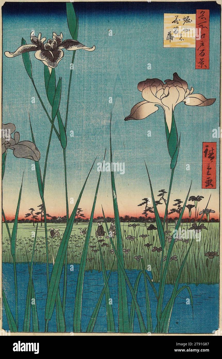 Horikiri Iris Garden, 1857, intercalary 5th month, Utagawa Hiroshige; Publisher: Sakanaya Eikichi, Japanese, 1797 - 1858, 13 1/4 x 8 11/16 in. (33.6 x 22 cm) (image)14 1/4 × 9 3/4 in. (36.2 × 24.7 cm) (sheet, vertical ōban)17 15/16 x 14 in. (45.5 x 35.5 cm) (mat), Woodblock print (nishiki-e); ink and color on paper, Japan, 19th century Stock Photo
