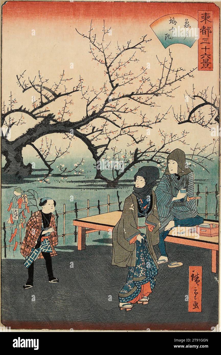 Plum Garden at Kameido, 1862, 4th lunar month, Utagawa Hiroshige II; Publisher: Sagamiya Tōkichi, Japanese, 1826 - 1869, 13 3/8 × 8 7/8 in. (33.9 × 22.5 cm) (image, sheet, vertical ōban), Woodblock print (nishiki-e); ink and color on paper, Japan, 19th century, In the late 19th century, it became fashionable for women to wear haori, a type of jacket that derived from men's military coats. The geisha (music and dance entertainers) associated with the unlicensed pleasure quarter of Fukagawa in southeast Edo (Tokyo) were the first to adopt the manly haori as part of their fashion ensembles. Stock Photo