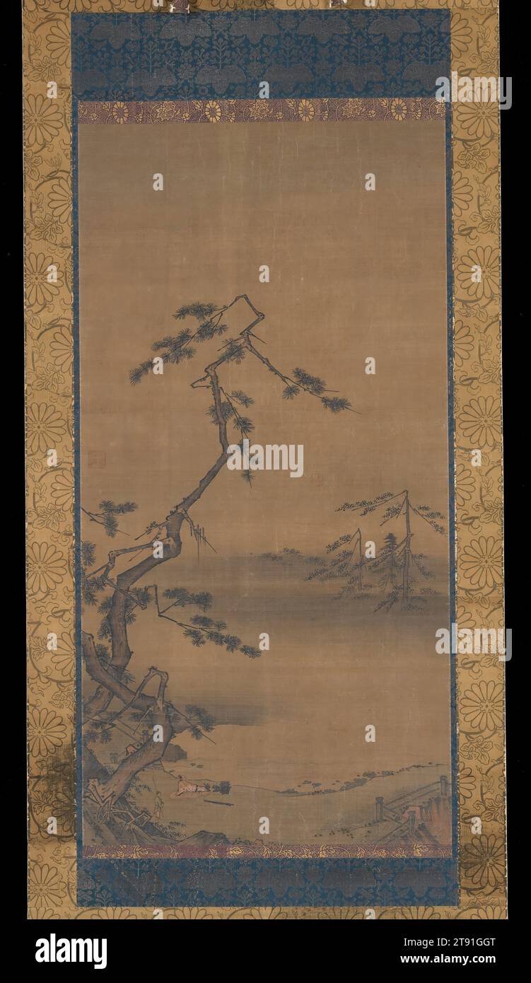 Enjoying the Sun Beneath Pine Trees, 13th-14th century, Attributed to Ma Yuan, active c. 1195 - 1264, 42 5/16 x 21 9/16 in. (107.47 x 54.77 cm) (image)77 1/8 x 28 in. (195.9 x 71.12 cm) (overall, without roller), Ink and color on silk, China, 13th-14th century, Ma Lin, named in the red seal, was the son of the great academy artist Ma Yuan. Characterized by firm, expert brushwork, the composition and stylistic features of this painting place it clearly within the classical tradition of court painting that flourished in Hangzhou from the 1100s to the early 1400s. Stock Photo