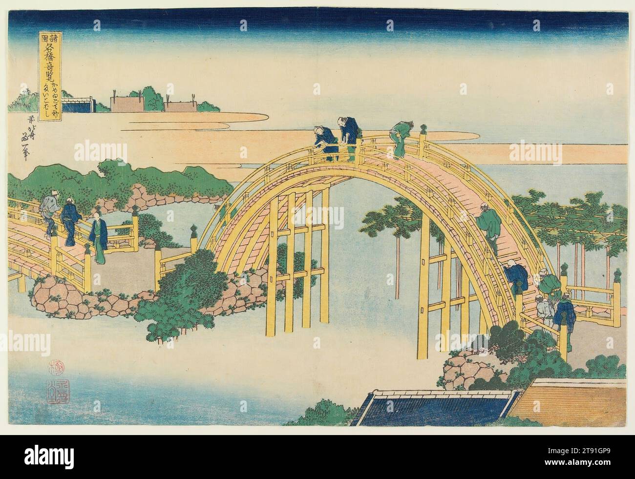 The Drum Bridge at Kameido Tenjin Shrine, c. 1834, Katsushika Hokusai; Publisher: Nishimuraya Yohachi, Japanese, 1760 - 1849, 9 15/16 × 15 in. (25.3 × 38.1 cm) (image, sheet, horizontal ōban), Woodblock print (nishiki-e); ink and color on paper, Japan, 19th century Stock Photo