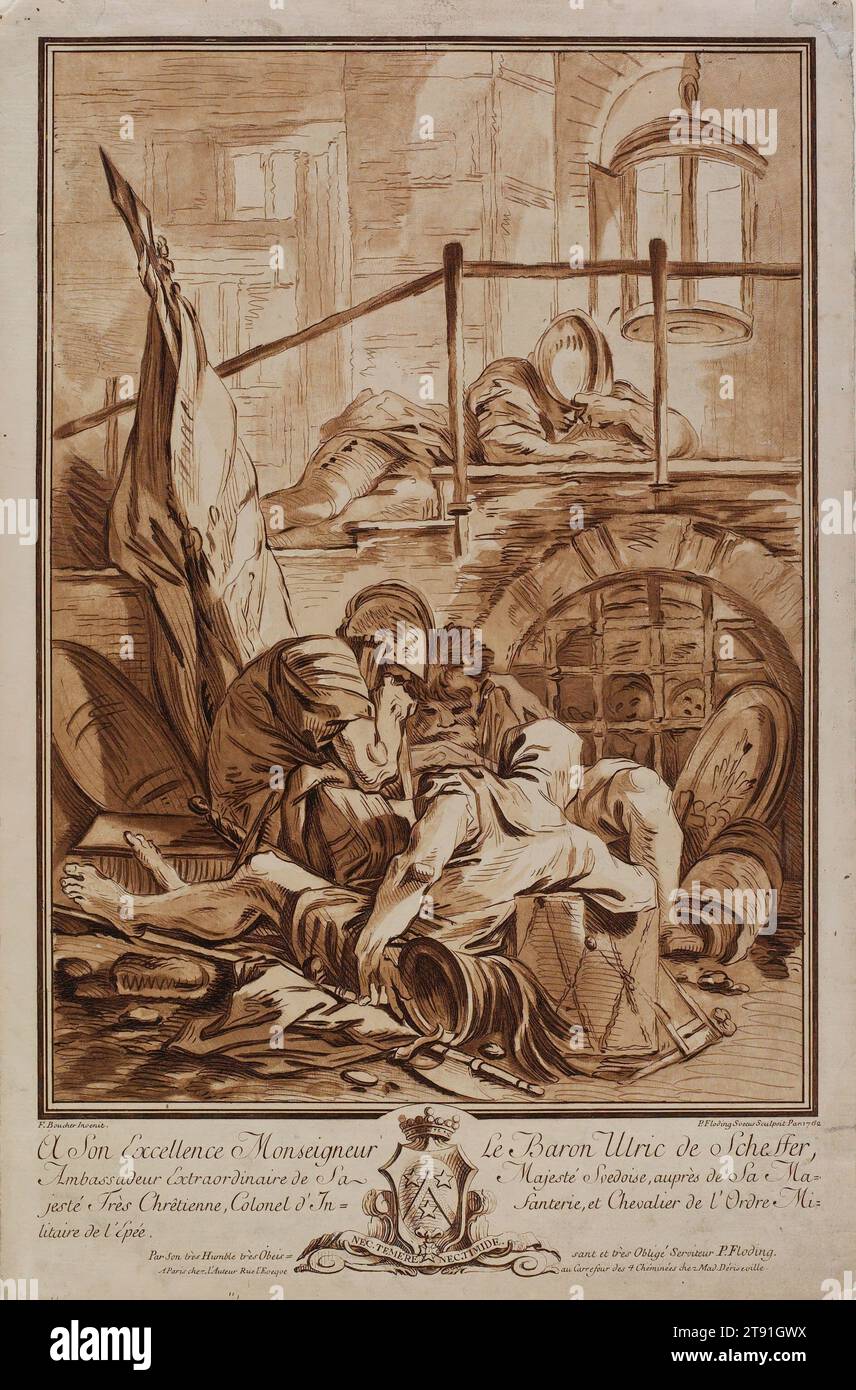 Un Corps de Garde, 1762, Per Gustav Floding; Artist: after François Boucher, French, 1703–1770, 12 7/8 x 9 5/16 in. (32.7 x 23.65 cm) (plate)15 3/4 x 10 5/16 in. (40.01 x 26.19 cm) (sheet), Engraving, etching and aquatint (lavis) in bistre ink, Sweden, 18th century, In the 18th century, France and Sweden were strong military allies, and upperclass Swedes adopted French artistic trends. Born in Stockholm, Per Gustav Floding was sent to Paris as a young man to learn the art of engraving. He remained there for most of his career but retained close ties to his homeland. Stock Photo