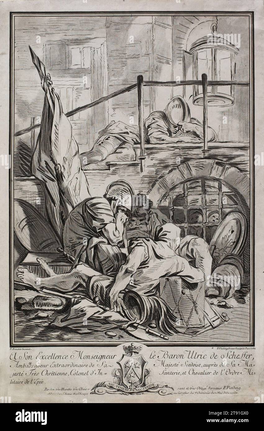 Un Corps de Garde, 1762, Per Gustav Floding; Artist: after François Boucher, French, 1703–1770, 12 13/16 x 9 3/8 in. (32.54 x 23.81 cm) (plate)15 1/2 x 10 3/16 in. (39.37 x 25.88 cm) (sheet), Engraving, etching and aquatint (lavis) in black ink, Sweden, 18th century, In the 18th century, France and Sweden were strong military allies, and upperclass Swedes adopted French artistic trends. Born in Stockholm, Per Gustav Floding was sent to Paris as a young man to learn the art of engraving. He remained there for most of his career but retained close ties to his homeland. Stock Photo