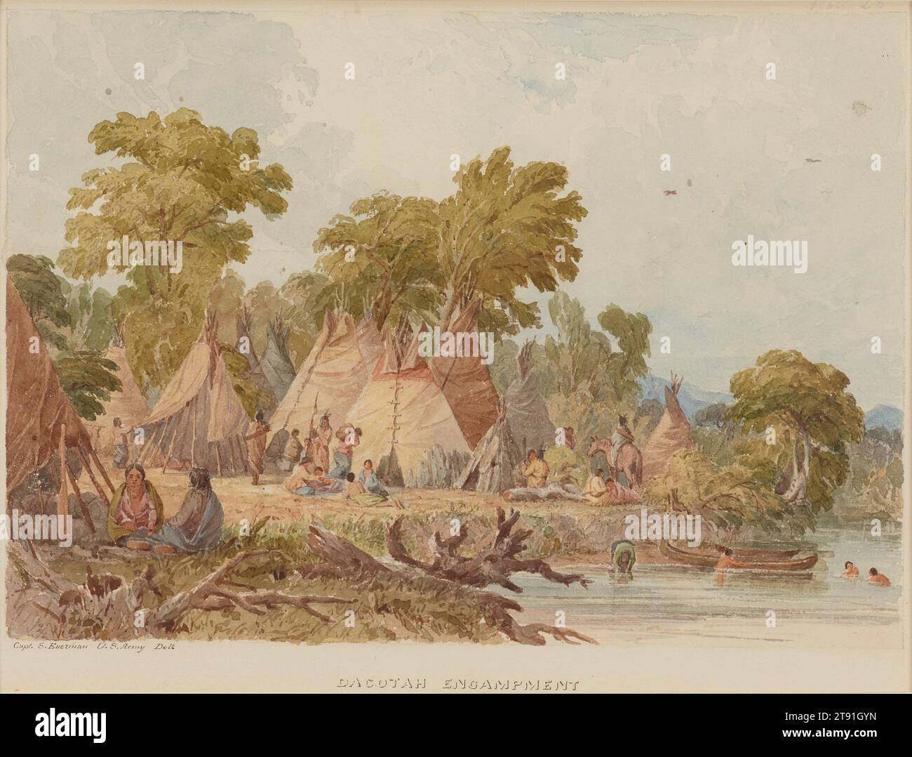 Dacotah Encampment, 1849-1855, Seth Eastman, American, 1808–1875, 7 × 10 in. (17.78 × 25.4 cm) (image)10 × 13 3/16 in. (25.4 × 33.5 cm) (sheet), Watercolor, United States, 19th century, Before Captain Eastman’s long residence at Fort Snelling, he was posted there briefly in 1830 as a 22-year-old lieutenant. Within a year, he had married a Dakota chief’s daughter, Wakaninajinwin, or Stands Sacred, and had a daughter, known as Nancy Eastman. Although Eastman would return to the fort ten years later with a new wife, this early union undoubtedly opened him to the domestic side of Dakota life. Stock Photo