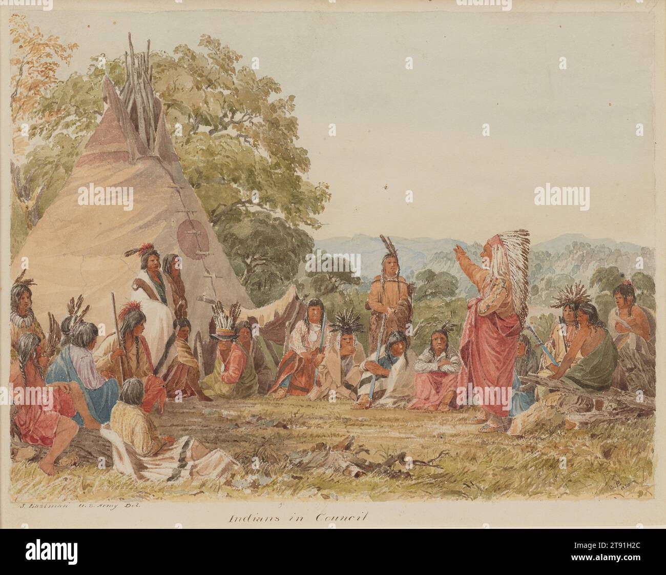 Indians in Council, 1850, Seth Eastman, American, 1808–1875, 8 5/16 × 10 15/16 in. (21.11 × 27.78 cm) (image)9 3/4 × 12 5/8 in. (24.77 × 32 cm) (sheet), Watercolor, United States, 19th century, Seth Eastman may have used this picture-perfect chief and the council theme as an excuse to make candid portraits of these Dakota villagers. Many brought their long-stemmed pipes, signs of hospitality. The blue-and-white striped blanket worn by the figure seated below the person in orange (standing near the chief) could be a Hudson Bay blanket, underscoring the cosmopolitan exchange of goods Stock Photo