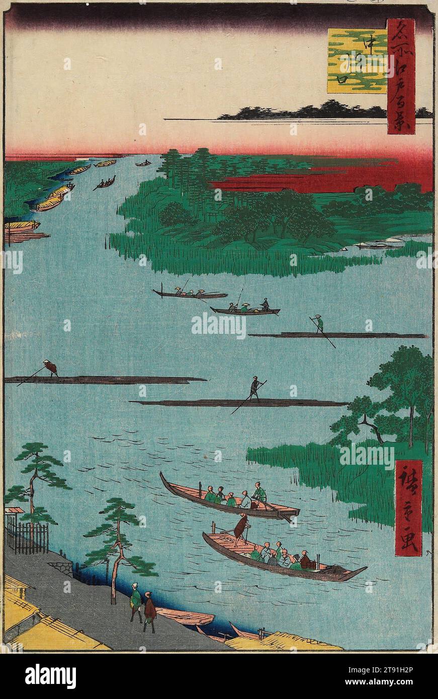 Nakagawa River Mouth, 1857, 2nd month, Utagawa Hiroshige; Publisher: Sakanaya Eikichi, Japanese, 1797 - 1858, 13 3/8 x 8 11/16 in. (33.9 x 22.1 cm) (image)14 × 9 3/16 in. (35.6 × 23.4 cm) (sheet, vertical ōban), Woodblock print (nishiki-e); ink and color on paper, Japan, 19th century Stock Photo
