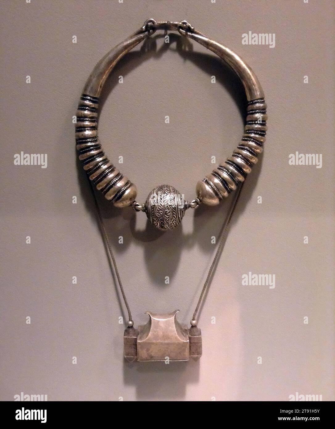 Necklace with Prayer Box, late 19th-early 20th century, 2 1/2 x 3 5/16 x 1  5/16 in. (6.35 x 8.41 x 3.33 cm) (single element, pendant), Silver, India,  Rajput style, Silver jewelry
