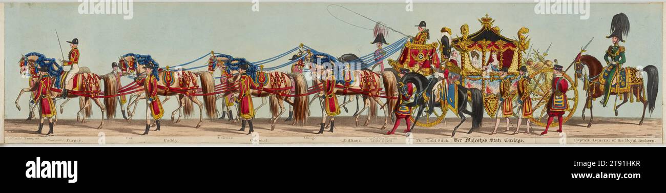 Fores' Grand Coronation Procession, August 20, 1838, Unknown artist, British, 19th century; Publisher: Messrs Fores, London, 22 1/8 × 5 × 1 3/16 in. (56.2 × 12.7 × 3.02 cm) (closed), Hand-colored etchings, aquatint and roulette; accordion-fold panorama, England, 19th century, Commemoration of the 1838 coronation of Queen Victoria (1819-1901) of Great Britain Stock Photo
