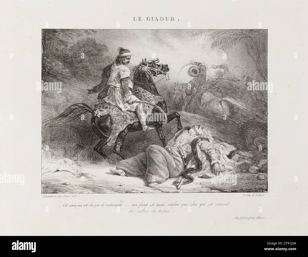 Le giaour, 1823, Jean Louis André Théodore Géricault; Artist: Eugène Louis Lami, French, 1800 - 1890, 6 x 8 in. (15.24 x 20.32 cm) (image), Lithograph, France, 19th century Stock Photo