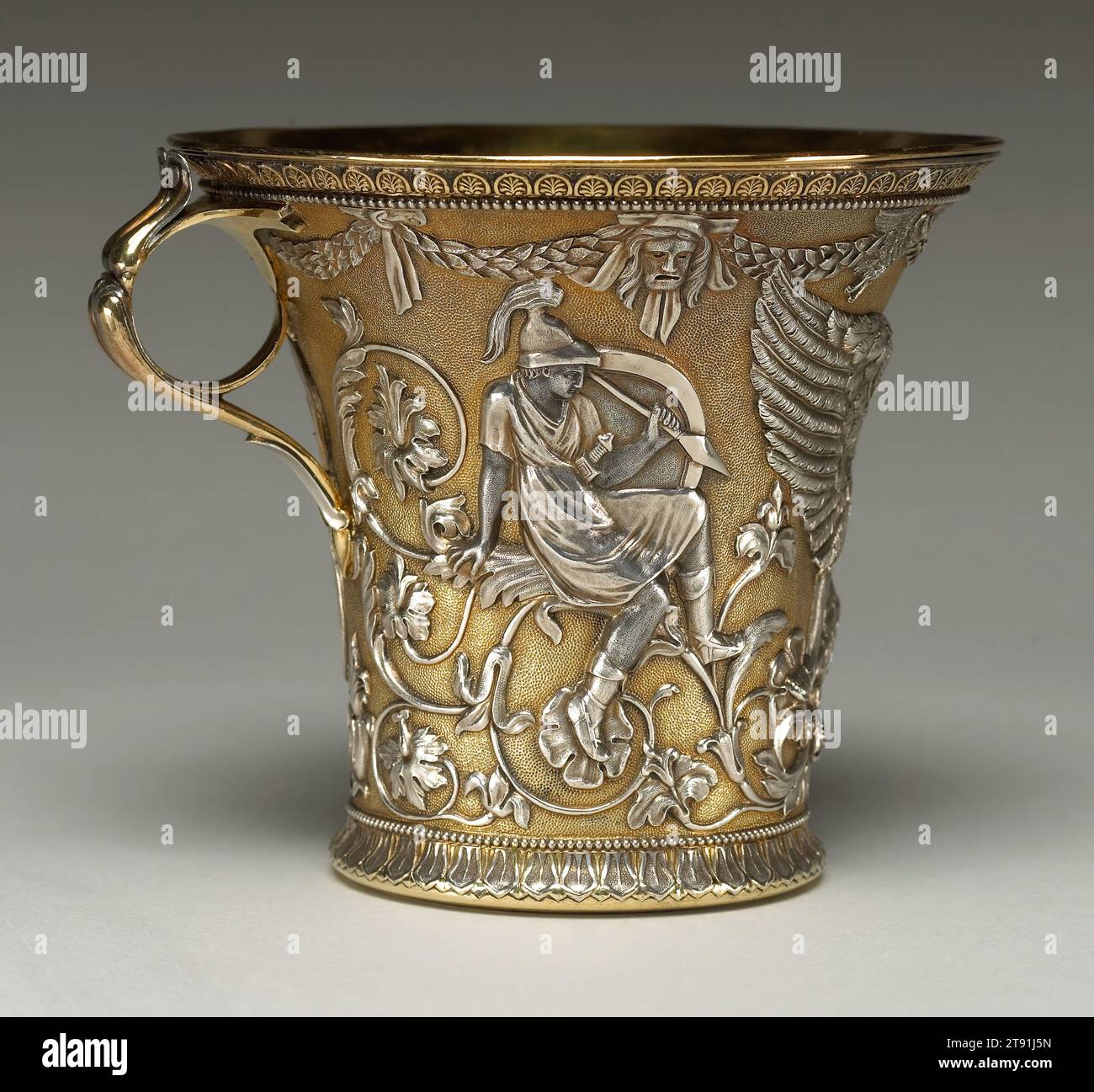 Homer Cup, 1847, C. Benjamin Schlick; Manufacturer: Elkington and Co., British, founded 1836, 4 13/16 x 5 15/16 x 5 3/16 in. (12.22 x 15.08 x 13.18 cm), Electroplate, gilt, England, 19th century Stock Photo