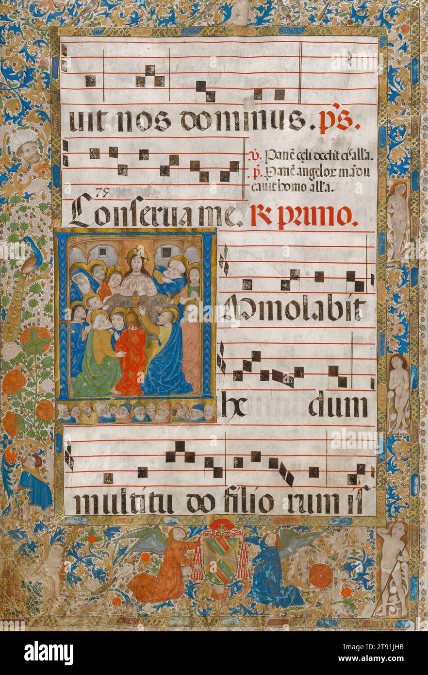 Corpus Christi, page from an Illuminated Antiphonary, 1484, Choirbook Master, Spanish (Toledo), Spanish, late 15th century, 27 1/2 x 18 1/2 in. (69.85 x 46.99 cm)38 1/4 × 30 1/2 in. (97.16 × 77.47 cm) (outer frame), Gouache and gold leaf on parchment, Spain, 15th century, The initial 'I' of Immolabit (He will be sacrificed) shows Christ and the apostles at the Last Supper, a reference to the sacrament of the Eucharist. Along the lower edge, Abraham and the twelve tribes of Israel prefigure this scene. Among the tendril motifs in the border are figures of Adam and Eve and possibly Abel Stock Photo