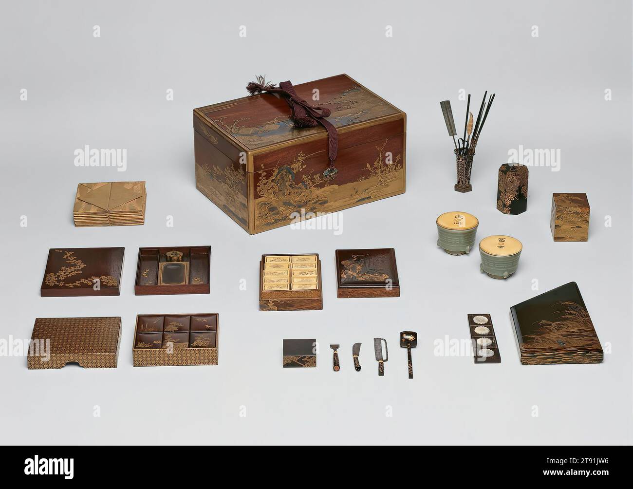 Box and assorted implements for the incense game, 17th-18th century, Unknown Japanese, 6 × 11 7/8 × 8 in. (15.24 × 30.16 × 20.32 cm), Wood, lacquer, gold; metal utensils, Japan, 17th-18th century, Incense played a prominent role in aristocratic culture of ancient Japan. Aristocrats were expected to know how to mix aromatic imported woods with other plant products and compound them into burnable, fragrant incense. Popular ingredients included aloe, sandalwood, frankincense, pine, lily, cinnamon, and patchouli, among others. In the 1400s, this artful appreciation of incense developed further Stock Photo