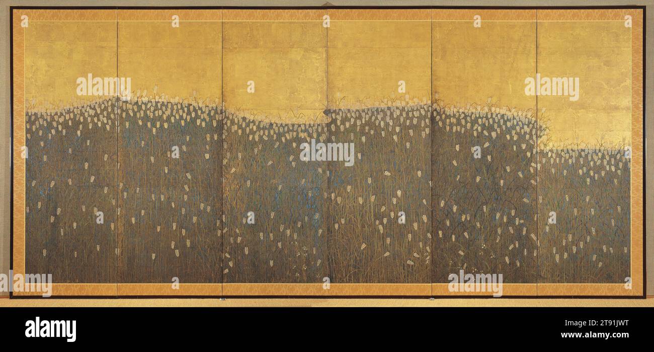 Barley Field, early 17th century, Unknown Japanese, 58 3/8 × 153 5/8 in. (148.27 × 390.21 cm) (image)65 1/4 × 160 5/8 × 3/4 in. (165.74 × 407.99 × 1.91 cm), Ink, color, and silver on gilded paper, Japan, 17th century, A sea of barley with green stalks and white spikes fills this screen. The golden clouds, a typical feature of Japanese screens, meets the edge of the field along a curved line, giving the impression that the heads of barley are touching the sky. In Japan, farmers paired barley and rice for multiple cropping. After the rice was harvested in autumn, they grew barley Stock Photo