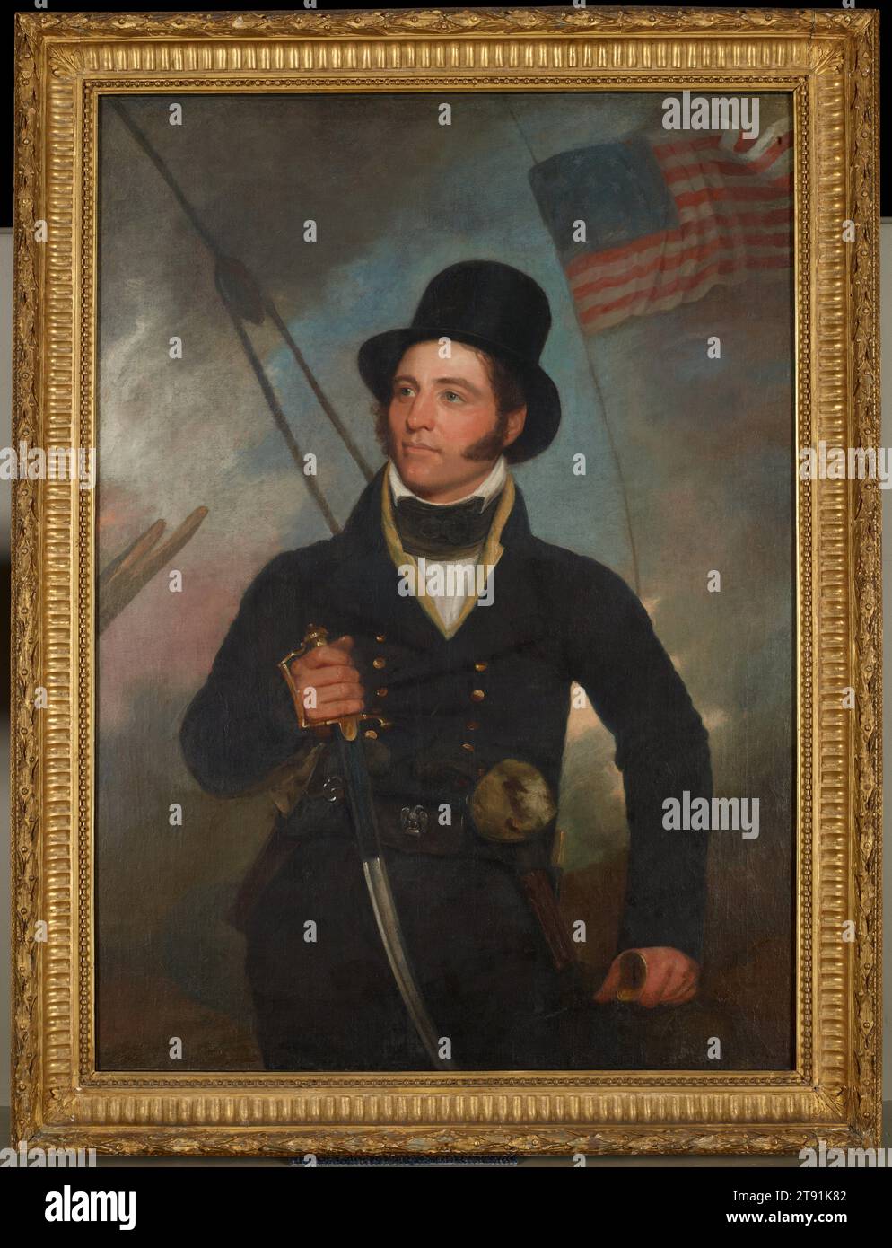 Portrait of Captain Samuel Chester Reid, 1815, John Wesley Jarvis, American, 1780–1839, 50 1/2 x 36 3/8 in. (128.27 x 92.39 cm) (canvas)58 7/8 x 44 5/8 x 4 in. (149.54 x 113.35 x 10.16 cm) (outer frame), Oil on canvas, United States, 19th century, Captain Samuel Reid was one of the heroes of the War of 1812, defeating the British in 1814 and saving New Orleans from British conquest. In 1817, two years after this portrait was painted, Reid designed the present pattern of the American flag of stars and bars, with thirteen stripes representing the original American colonies Stock Photo