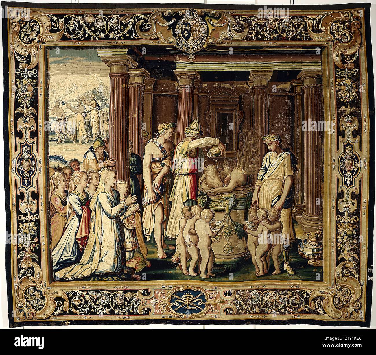 The Coronation Sacrifice, designed c. 1610 (woven 1611–1627), Border design and cartoon probably by Guillaume Dumée and Laurent Guyot; Weaver: Faubourg Saint-Marcel manufactory of Marc de Comans and François de la Planche, H.166 x W.187-3/4 in. (irregular), Wool, silk; tapestry weave, France, 17th century, Queen Artemisia and her son, Lygdamis, kneel before a marble altar asking God's blessing before Lygdamis is crowned king. The high priest pours wine over the sacrificial bull while trios of children sing songs of praise. Behind the queen regent and her son are courtiers and attendants Stock Photo