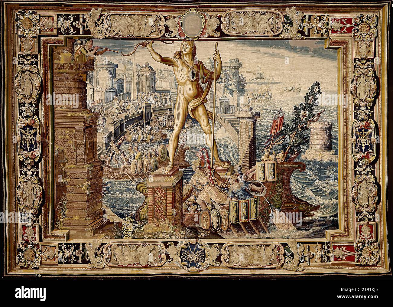 The Queen’s Entry into the Harbor of Rhodes, designed 1562–1568, Central design by Antoine Caron; Cartoonist: Cartoon attributed to Henry Lerambert; Weaver: Faubourg Saint-Marcel Manufactory of Marc de Comans and François de la Planche; Designer: Border design attributed to Henry Lerambert, French, 1521–1599, H.186-3/4 x W.264 in. (irregular), Wool, silk, silver, silver-gilt yarns; tapestry weave, France, 16th century, Dominating this scene is the Colossus of Rhodes, one of the Seven Wonders of the ancient world. He watches as the widowed Greek queen, Artemisia, in the central boat, directs Stock Photo