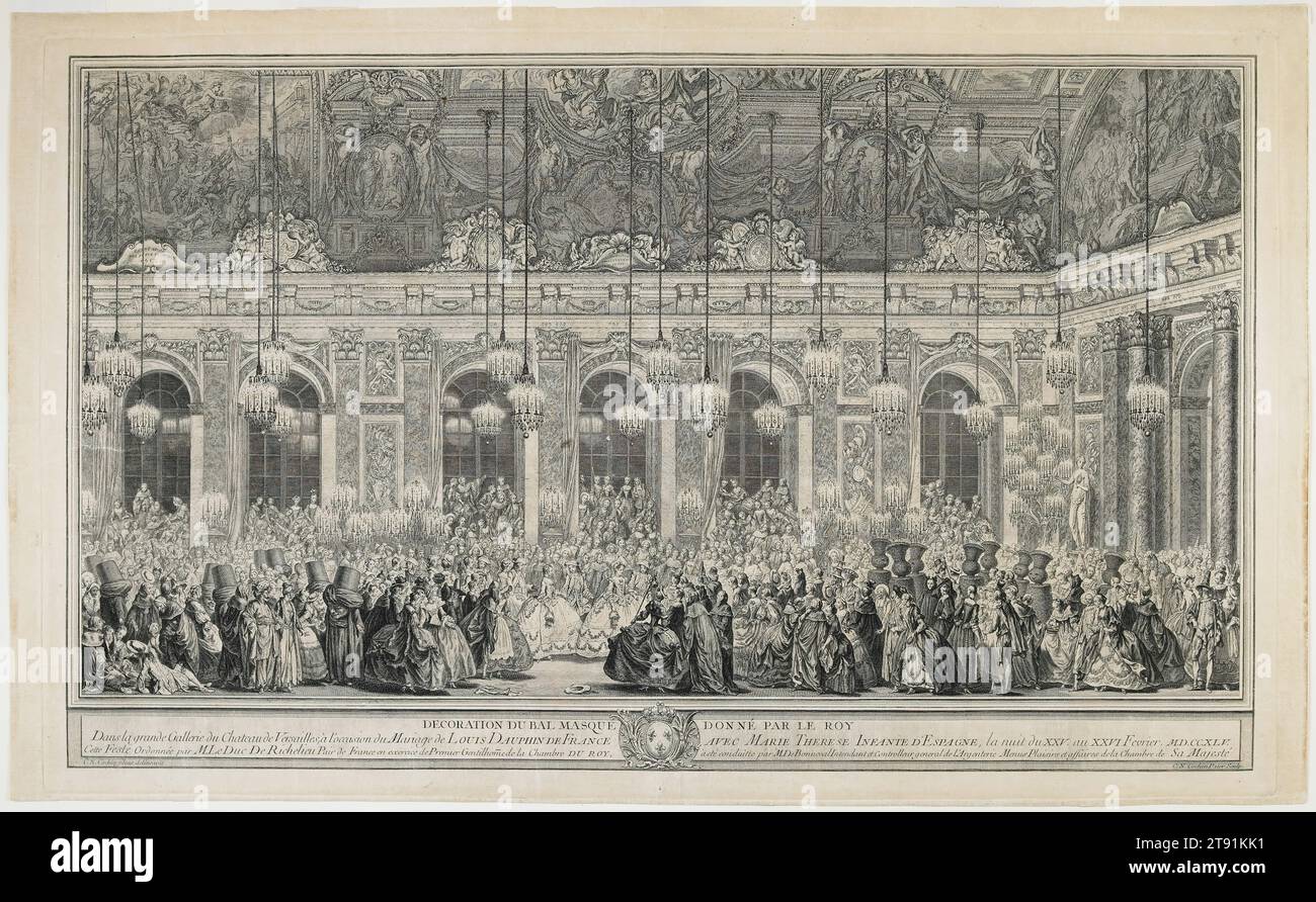 Decoration for a Masked Ball Given by the King, 1746, Charles-Nicolas Cochin, père; Artist: After Charles-Nicolas Cochin II, French, 1688 - 1754, 18 7/8 x 30 1/2 in. (47.94 x 77.47 cm) (plate)19 5/8 x 32 1/8 in. (49.85 x 81.6 cm) (sheet), Etching and engraving, France, 18th century, Louis XV held this masked ball for the wedding of his son, the sixteen-year-old Dauphin, to his cousin, the Spanish Infanta Marie-Thérèse-Raphaèle, on February 26, 1745. It was reportedly one of the grandest parties ever staged at Versailles. The Hall of Mirrors is filled to capacity and glitters with the light Stock Photo