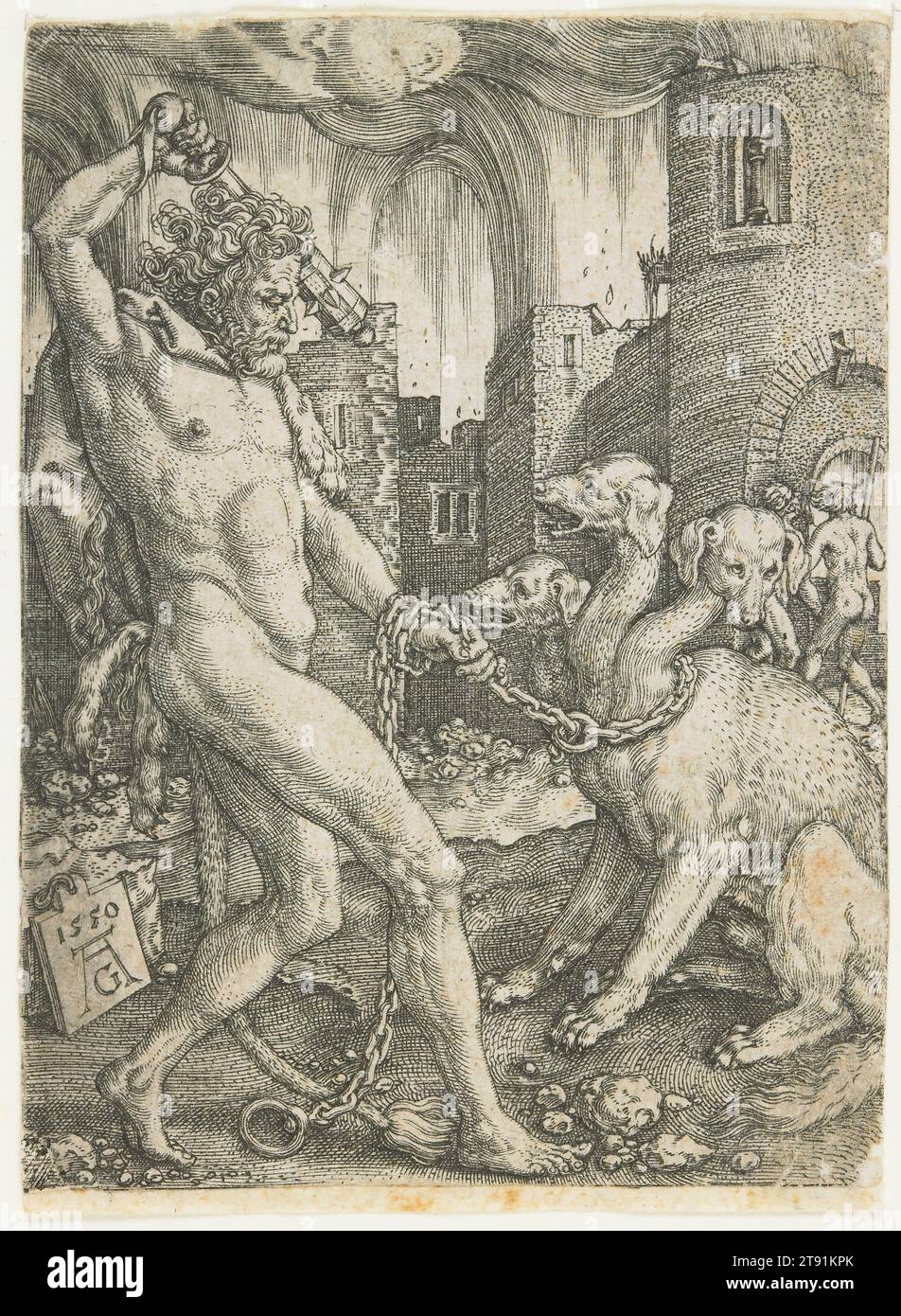 Hercules Chains Cerberus, 1550, Heinrich Aldegrever, German, 1502–after 1555/61, 3 5/8 x 2 11/16 in. (9.21 x 6.83 cm) (image), Engraving, Germany, 16th century, The deeds of Hercules were endlessly popular in the Renaissance as models of strength and virtue. Heinrich Aldegrever portrays the hero engaged in two particularly desperate labors. In one he had to crush the menacing nine-headed Hydra-difficult to do because each time a head was cut off, two appeared in its place. The other task was to descend to Hades and bring back Cerberus, the hideous beast guarding the entrance to the underworld Stock Photo