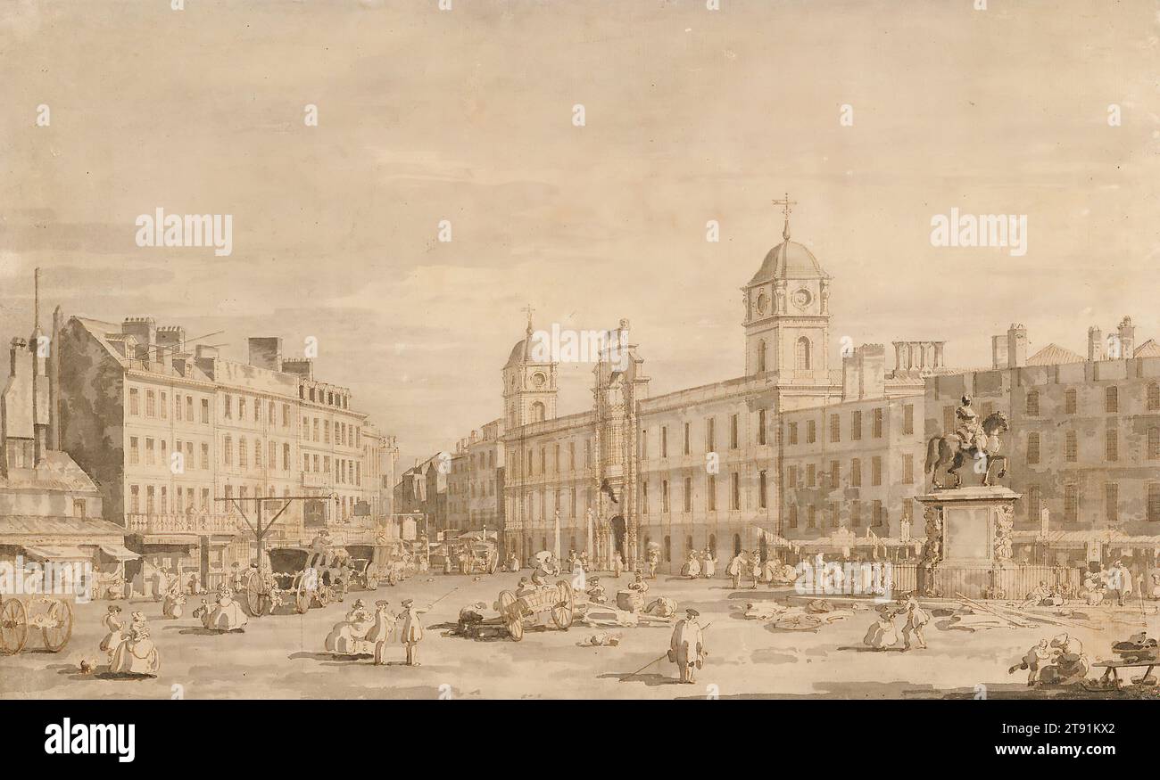 View of Northumberland House and Charing Cross, c. 1752, Canaletto (Giovanni Antonio Canal), Italian, (Venice), 1697–1768, 11 3/8 x 18 3/4 in. (28.89 x 47.63 cm) (sheet)23 3/4 x 29 3/4 x 1 1/8 in. (60.33 x 75.57 x 2.86 cm) (outer frame), Pen and brown ink over graphite with grey washes, Italy, 18th century Stock Photo