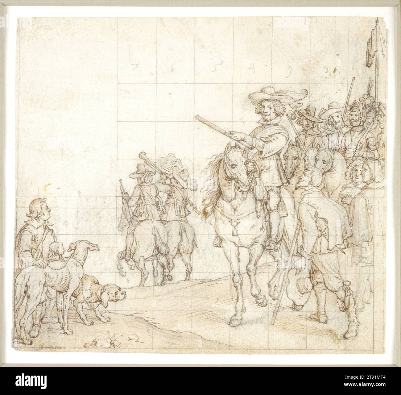Mounted Officer, 1610s-1630s, Unknown Flemish, 17th century, 6 5/8 x 7 5/16 in. (16.83 x 18.57 cm), Pen and brown ink and wash, over black chalk, Netherlands, 17th century, This drawing may be related to the important series of battle pictures commissioned by Philip IV to decorate the Hall of Realms in his palace of the Buen Retiro in Madrid in the 1630s. The twelve pictures recount triumphs of the Spanish military throughout Europe and the New World, with the preeminent Spanish artists of the period contributing works, including Velasquez (1599-1660). Stock Photo