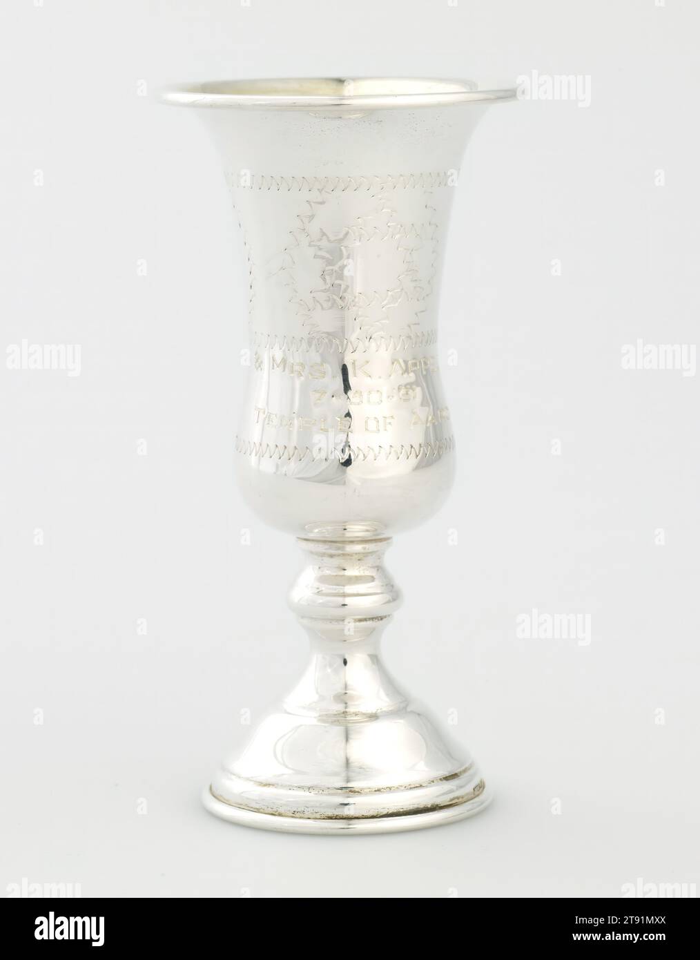 Kiddush (sanctification) cup, c. 1961, 4 1/8 x 2 1/8 x 2 1/8 in. (10.48 x 5.4 x 5.4 cm), Silver, United States Stock Photo