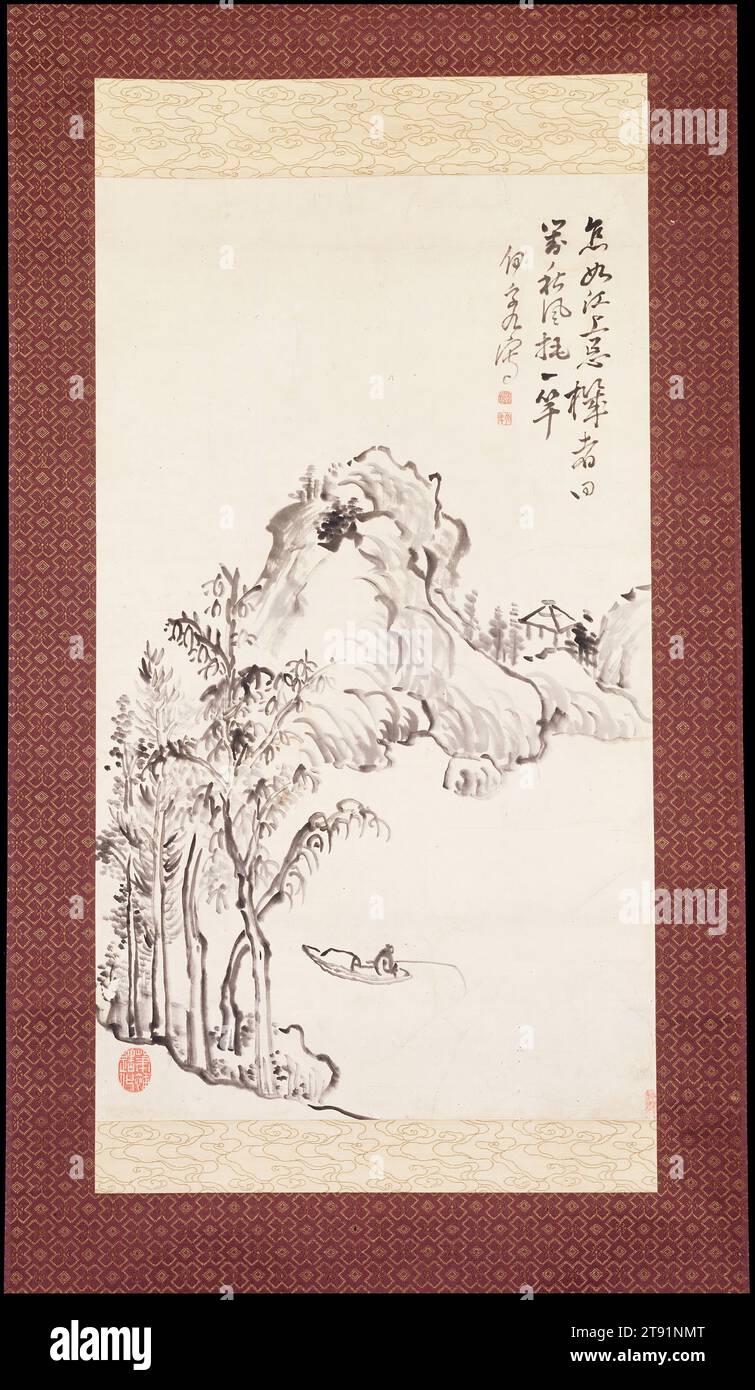 Facing the Autumn Wind, 18th century, Kan Tenjū; Artist: After I Fukyū, Japanese, 1727 - 1795, 22 5/8 x 13 9/16 in. (57.47 x 34.45 cm) (image), Ink on paper, Japan, 18th century, Kan Tanju was a friend of Japan's greatest Nanga School artist, Ike Taiga. Together with their friend and artist Ko  Fuyo , they climbed mountains and discussed Chinese literati painting and poetry. Unlike Taiga, Tanju's style is restrained and usually in pure ink. Here he follows the method of I Fu-chiu, a Chinese merchant and painter who visited Japan between 1720 and 1747. Although not expressly identified as such Stock Photo