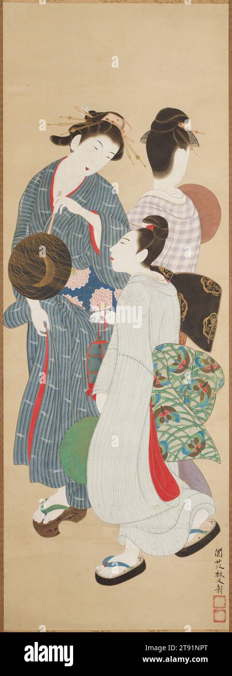 Beauties Outing in Summer Evening, c. 1800, Hayashi Rōen, Japanese, died c. 1810, 48 13/16 x 17 1/2 in. (124 x 44.5 cm) (image)81 1/2 x 22 7/16 in. (207 x 57 cm) (mount) 62 cm w w/ roller, Ink, color, and gofun on paper, Japan, Nikuhitsu ukiyo-e Stock Photo