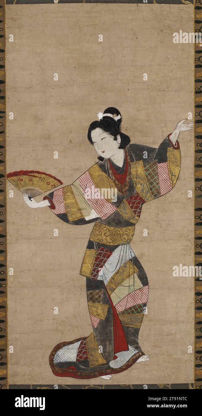 Dancer with Fan, mid 17th century, Unknown Japanese, 21 7/16 x 10 3/4 in. (54.5 x 27.3 cm) (image)53 3/8 x 13 11/16 in. (135.5 x 34.7 cm) (mount) 40cm W (w/rollers), Ink, color, gold, and gofun on paper, Japan, Nikuhitsu ukiyo-e Stock Photo
