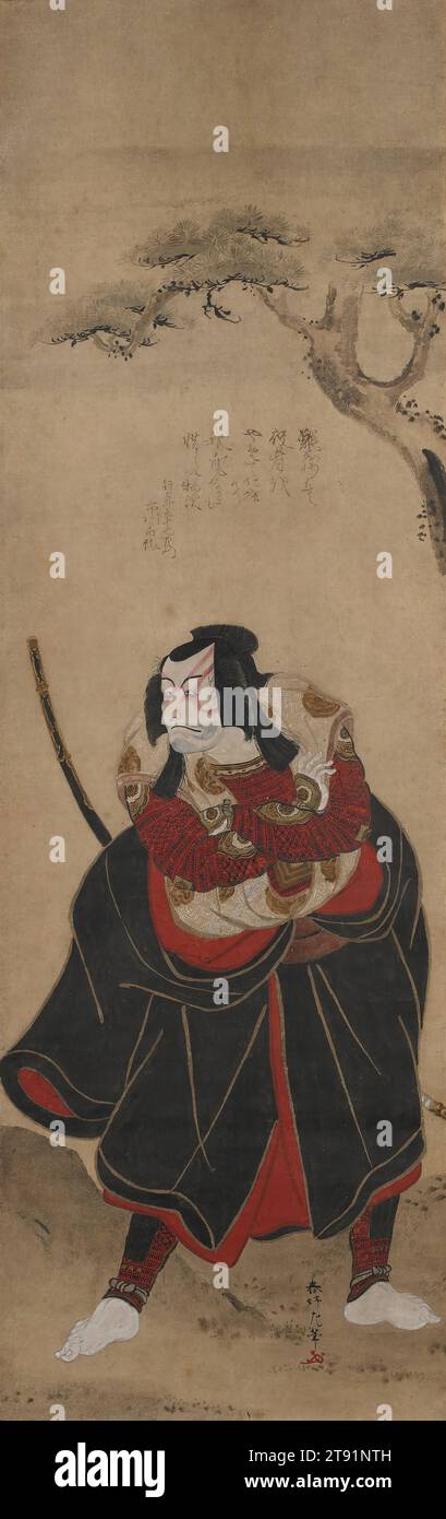 Actor Ichikawa Danjūrō V as Kagekiyo, c. 1797, Katsukawa Shunkō, Japanese, 1743 - 1812, 33 3/4 x 10 5/8 in. (85.73 x 26.99 cm) (image)66 x 14 3/16 in. (167.64 x 36.04 cm) (w/o roller)67 x 16 1/4 in. (170.18 x 41.28 cm) (w/roller), Ink and color on silk, Japan, Nikuhitsu ukiyo-e, The enormously popular actor Ichikawa Danjūrō V (1741–1806) took the name Ebizō in 1791. This painting was made five years after his retirement and carries a poetic inscription by the actor himself, even though it is seemingly written from the viewpoint of another actor Stock Photo