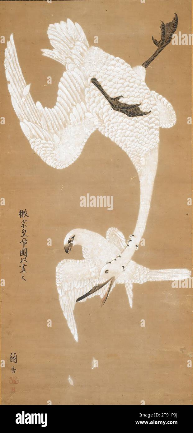 Falcon Attacking Goose, c. 1780, Yoshida Rankō, Japanese, 1730 - 1799, 39 3/8 x 21 1/8 in. (100.01 x 53.66 cm), Ink and color on paper, Japan, 18th century Stock Photo