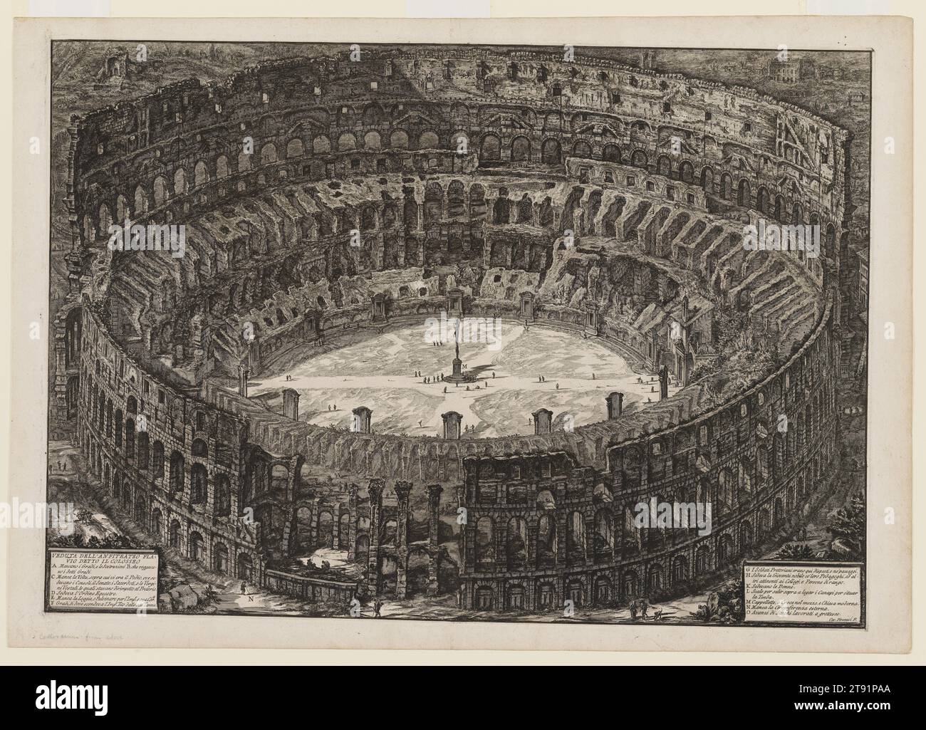 View of Flavian Amphitheater, called the Colosseum, 1776, Giovanni Battista Piranesi, Italian (Rome), Italian, 1720–1778, 19 3/8 x 27 5/8 in. (49.21 x 70.17 cm) (plate)21 3/8 x 30 3/8 in. (54.29 x 77.15 cm) (sheet), Etching and engraving, Italy, 18th century, Gladiator combats, wild-animal hunts, executions—all manner of spectacle took place inside the Colosseum, which could hold up to 80,000 people. It was even filled with water to hold mock naval battles. After Rome’s decline, the Colosseum was seen as a ready source of building materials, and people plundered its great façade and interior Stock Photo